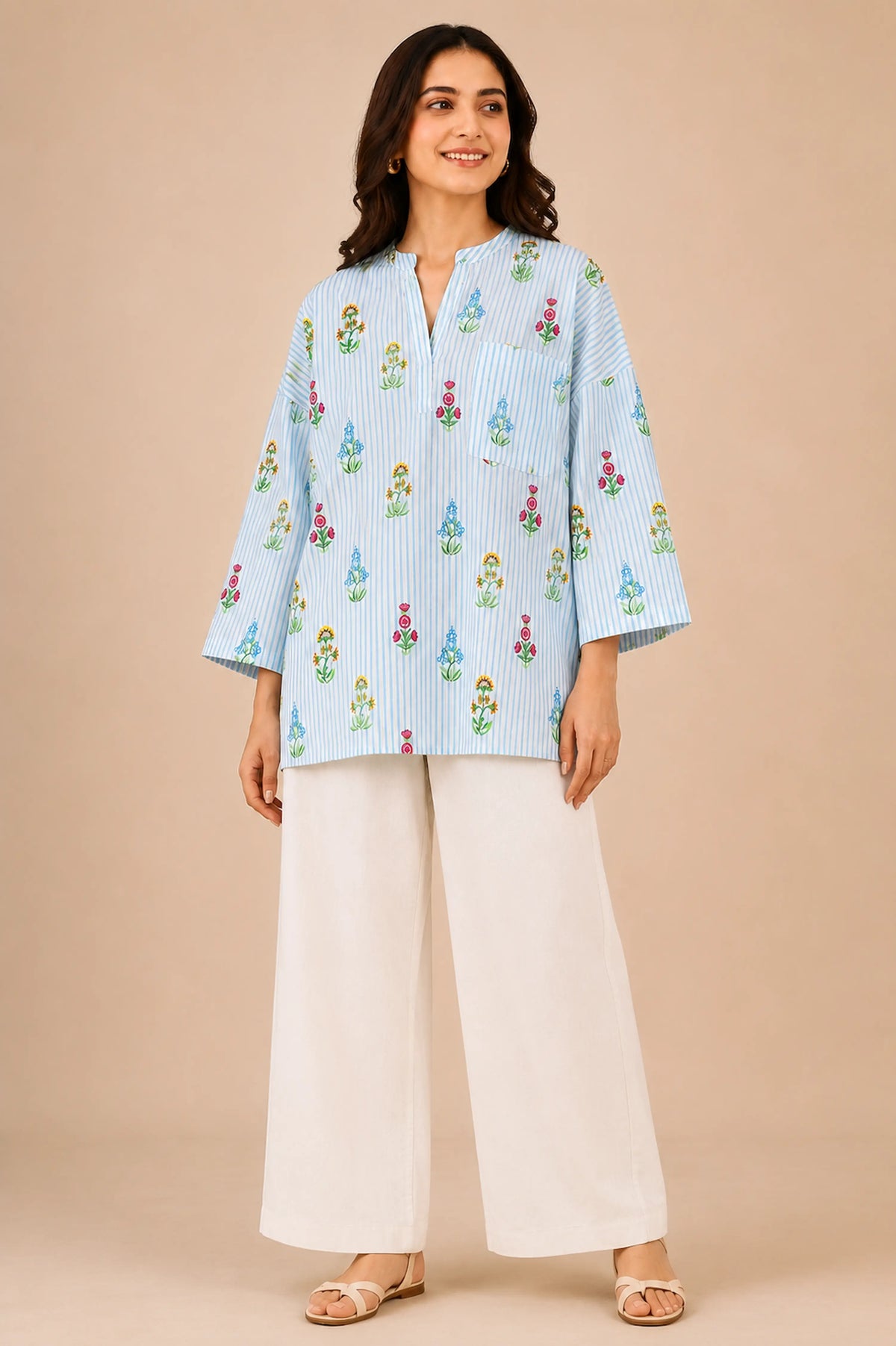 Women’s Blue Striped Floral Print Cotton Shirt | Relaxed Fit 3/4 Sleeve