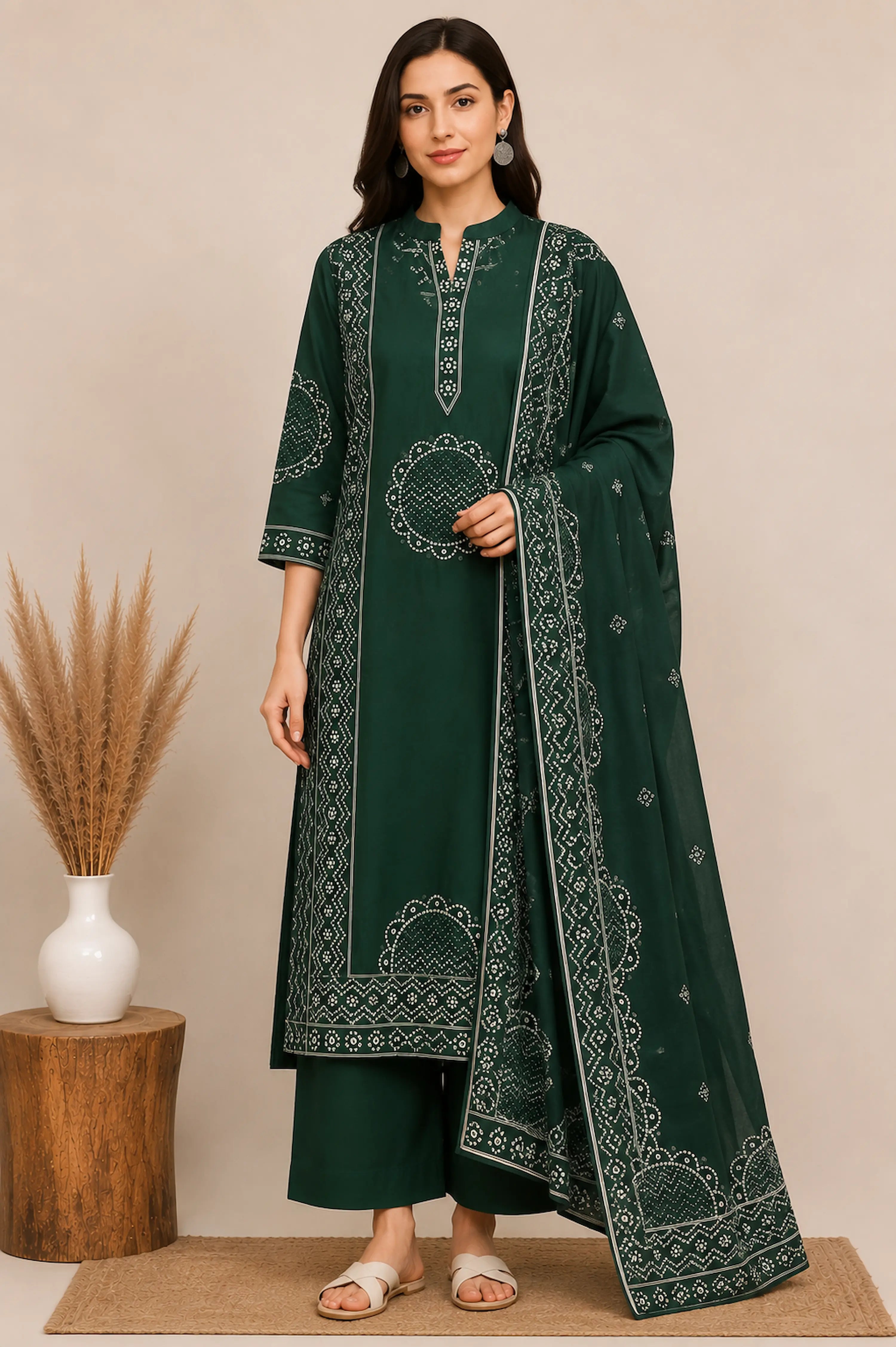 Women’s Bottle Green Printed Cotton Kurta Set with Dupatta