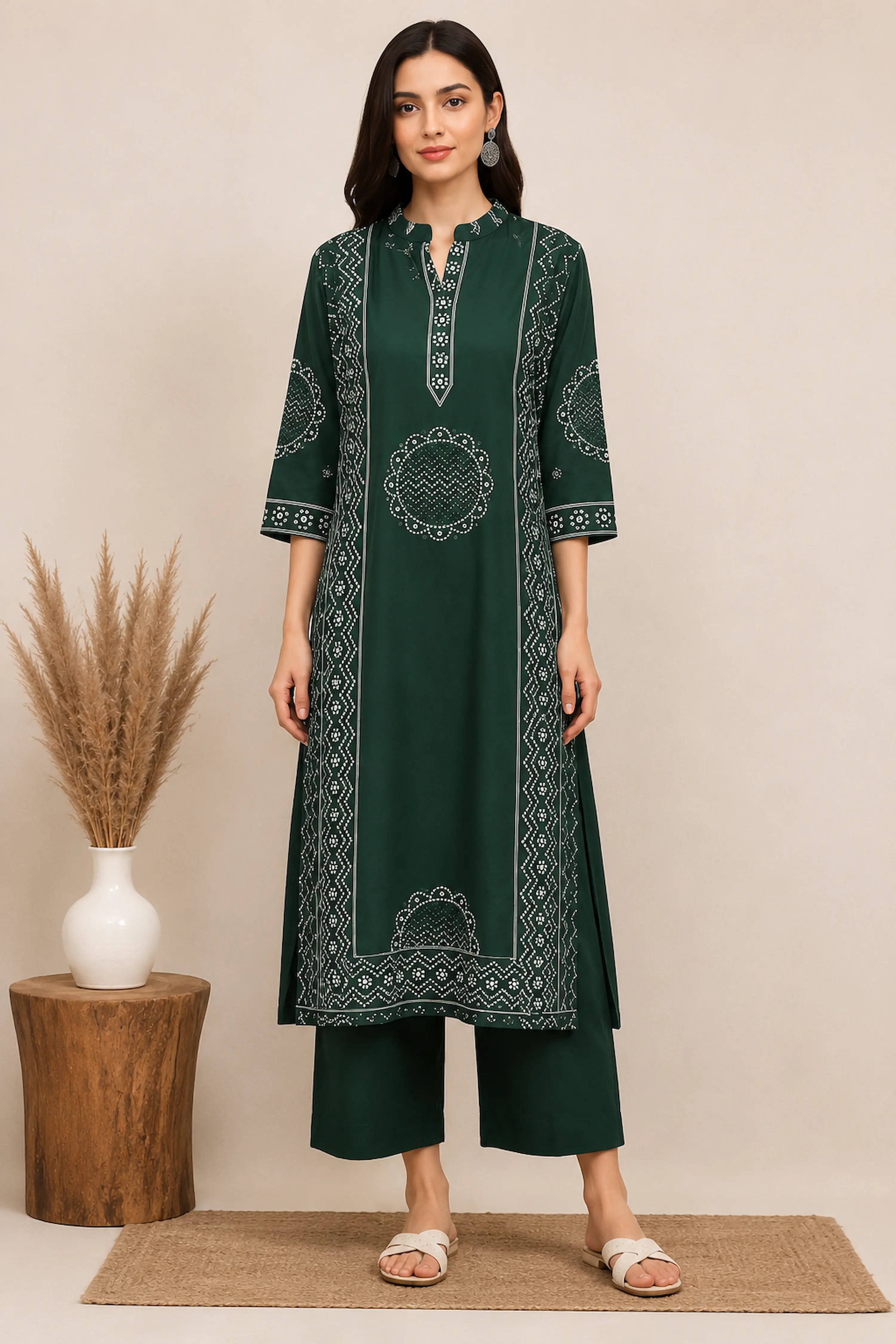 Women’s Bottle Green Printed Cotton Kurta Set with Dupatta