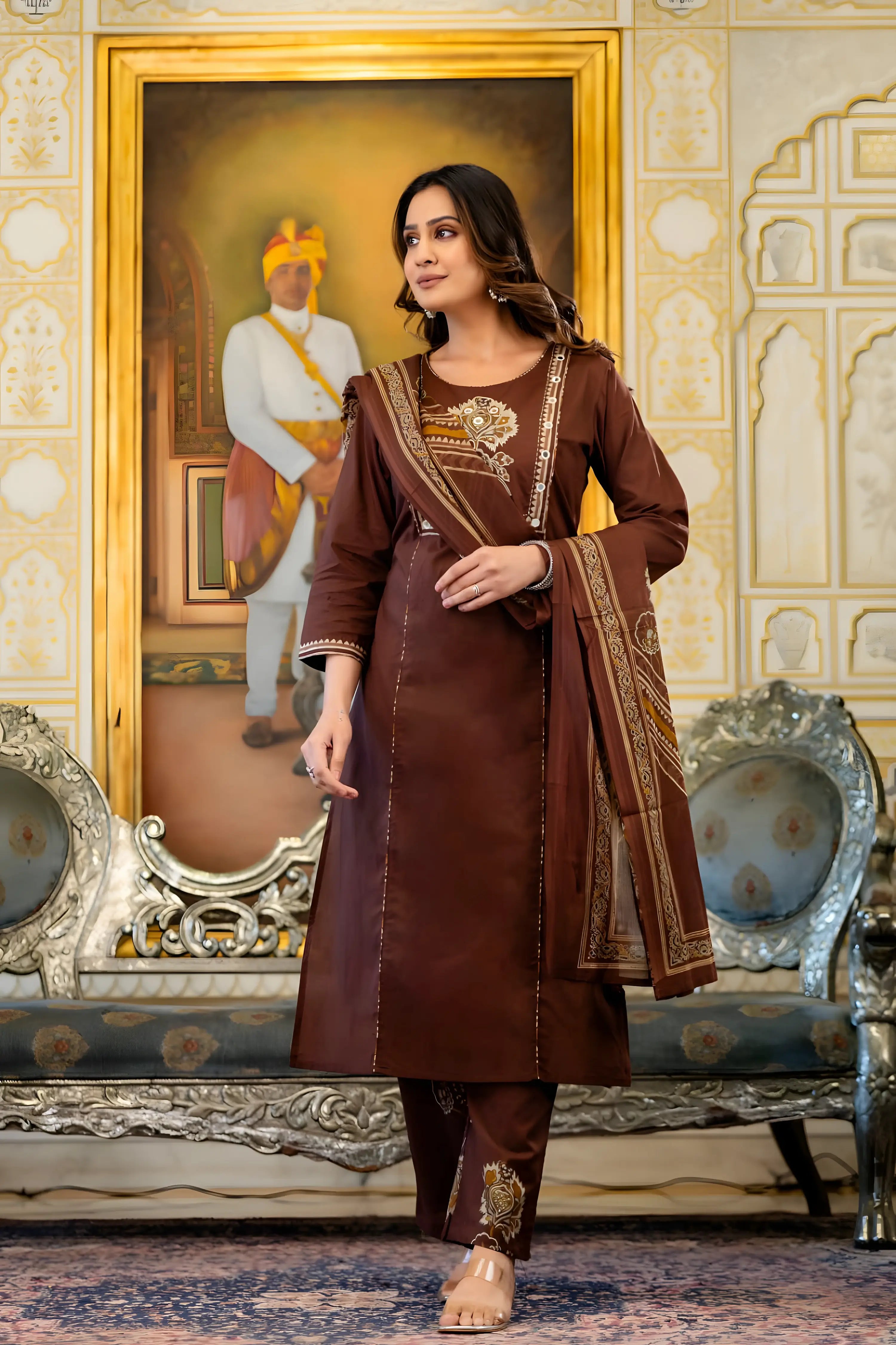 Brown Embroidered Kurta with Printed Dupatta & Pants – 3 Piece Ethnic Suit Set