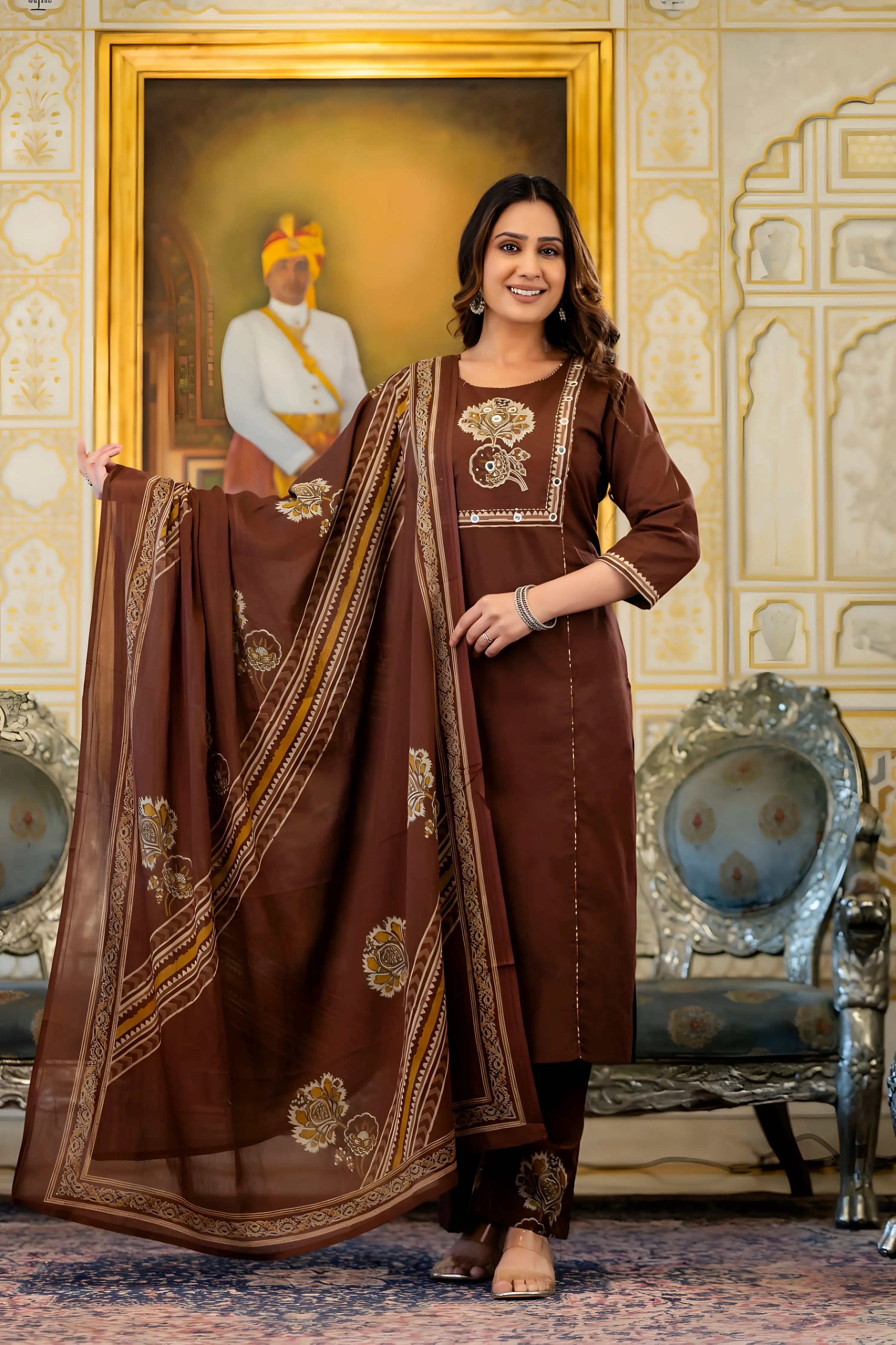 Brown Embroidered Kurta with Printed Dupatta & Pants – 3 Piece Ethnic Suit Set