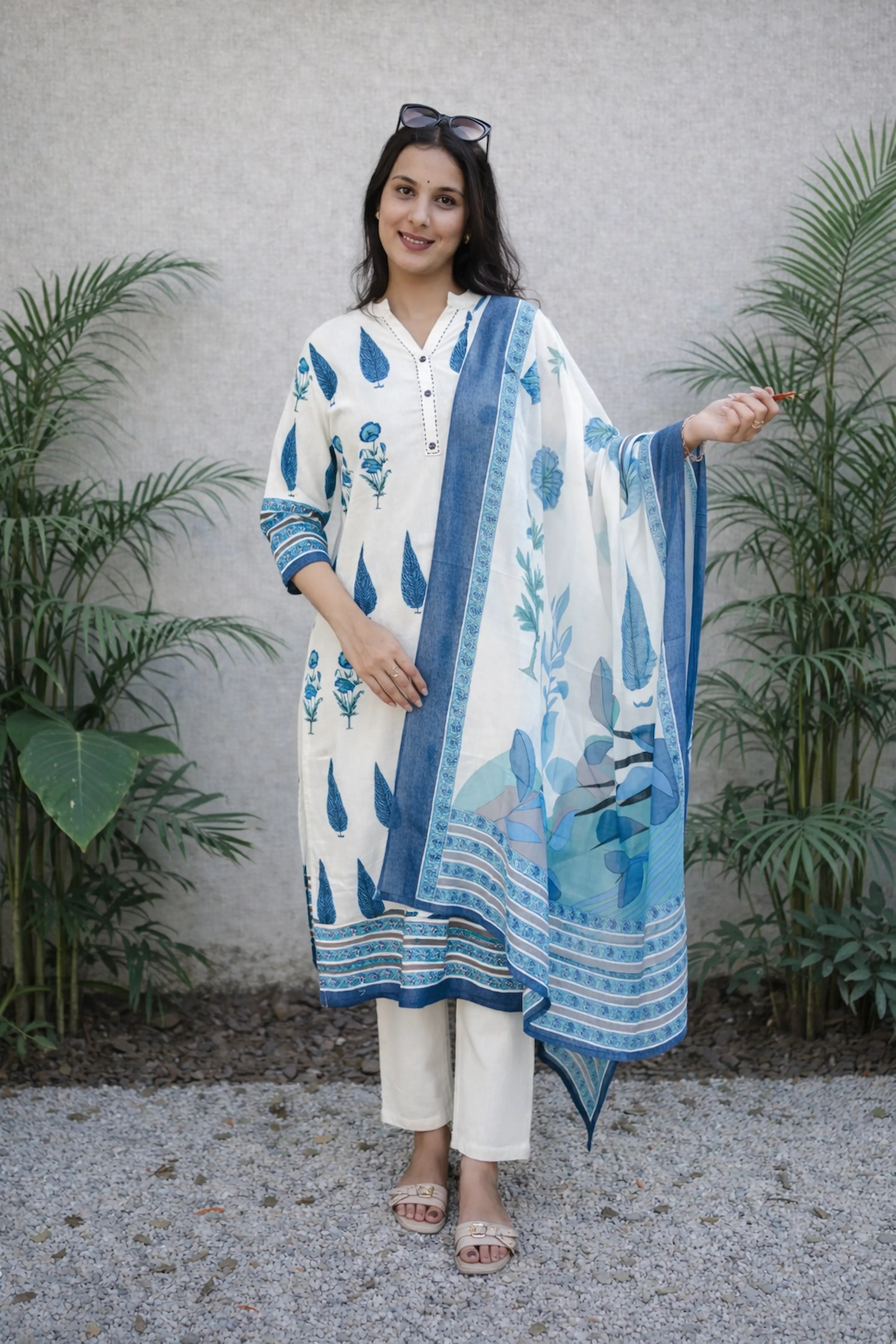 Ivory & Blue Handblock Printed Kurta Set with Dupatta