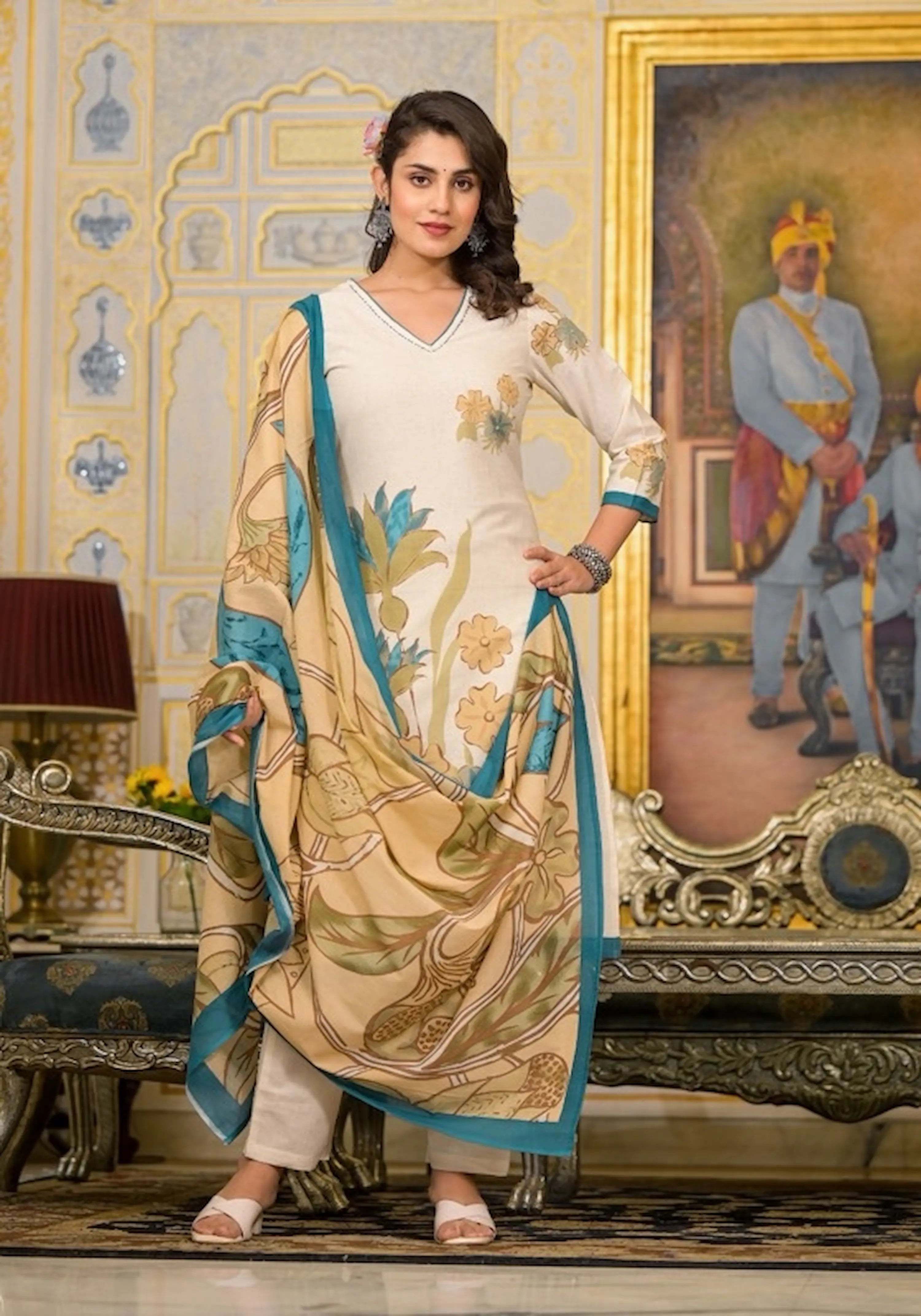 Ivory & Teal Floral Printed Kurta Set with Dupatta – Elegant Ethnic 3-Piece Suit