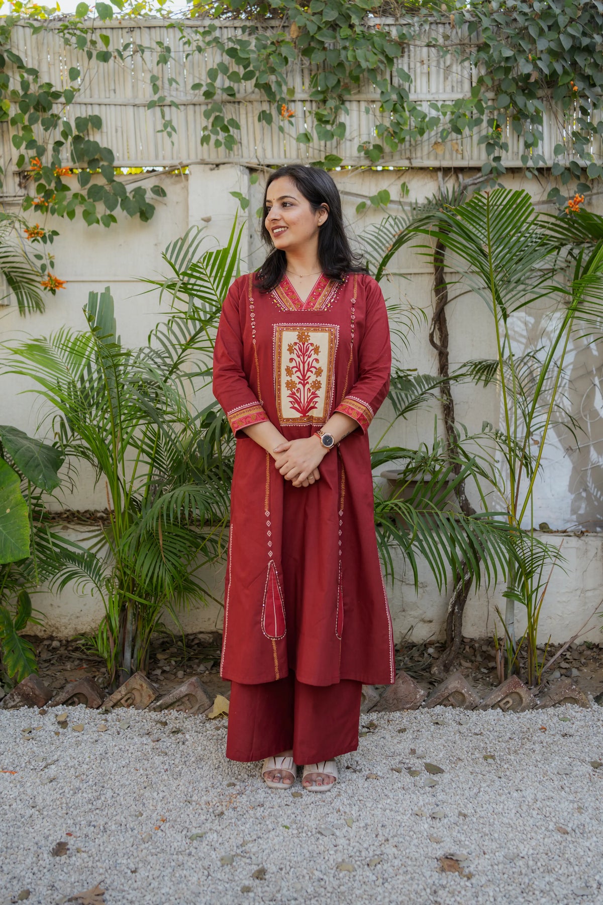 Maroon Ethnic 3 Piece Kurta Set with Printed Dupatta & Straight Pants