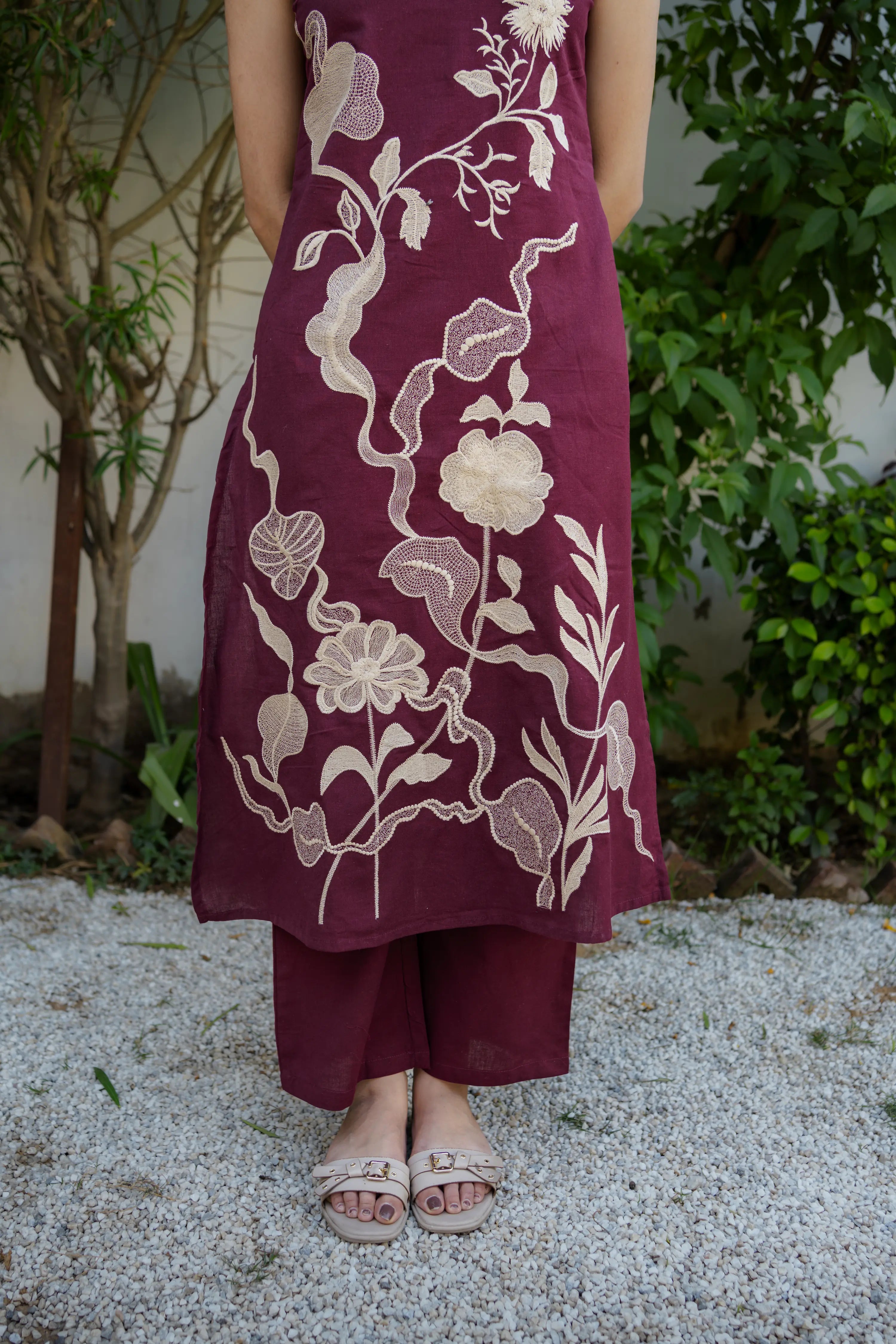 Wine Floral Embroidered Kurta Set with Straight Pants