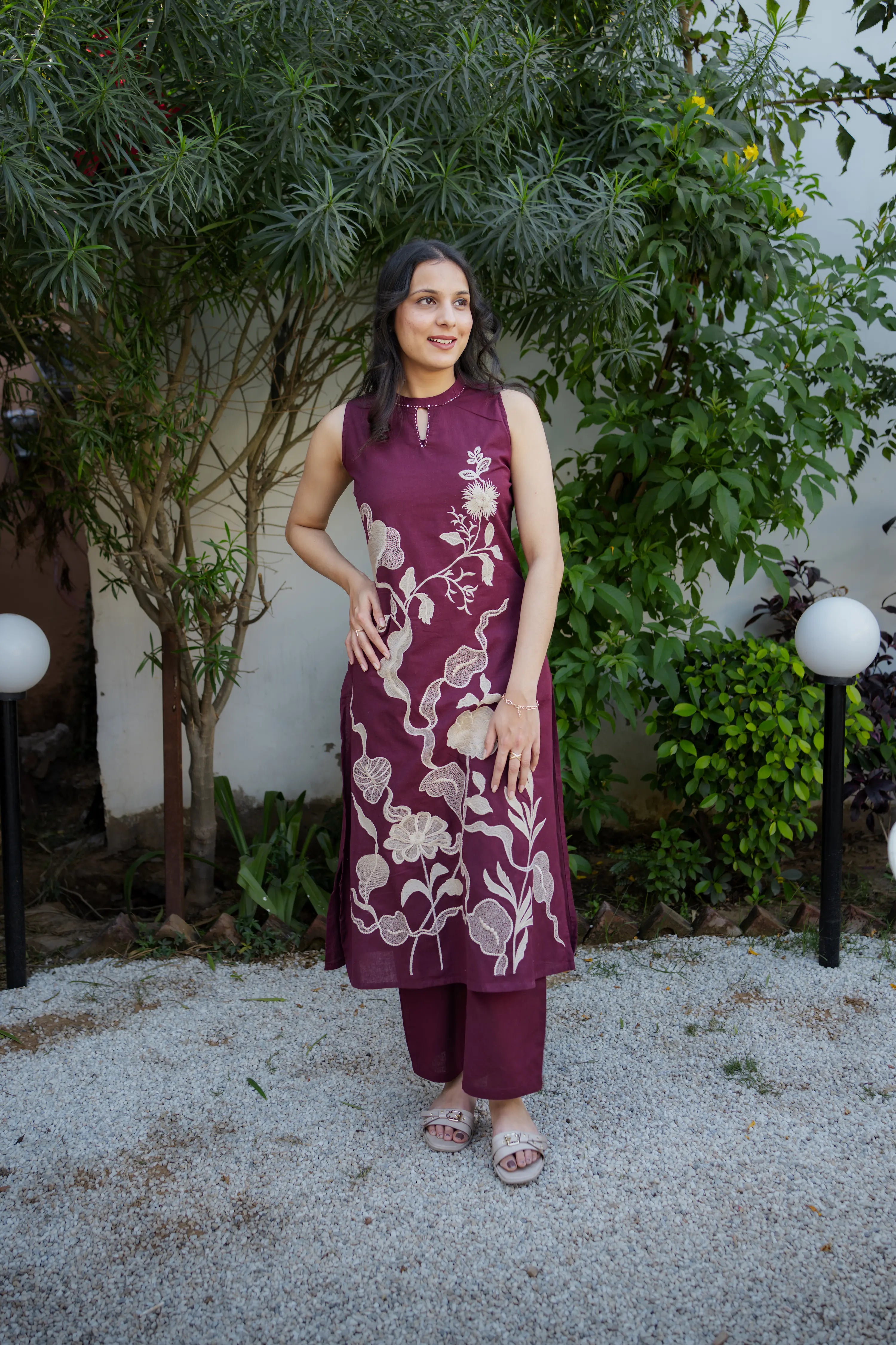 Wine Floral Embroidered Kurta Set with Straight Pants