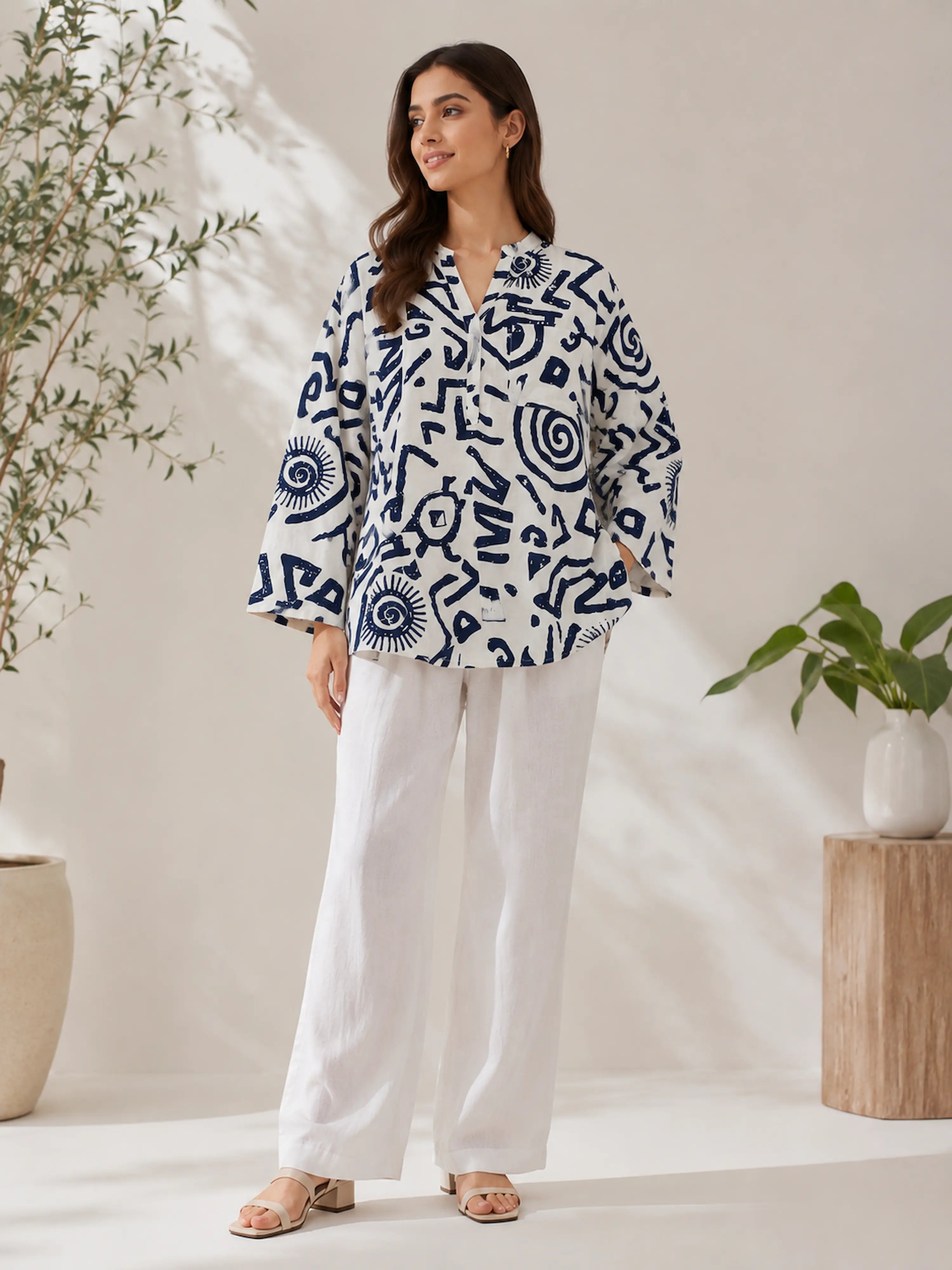 Women's Navy Blue Abstract Print Cotton Oversized Shirt