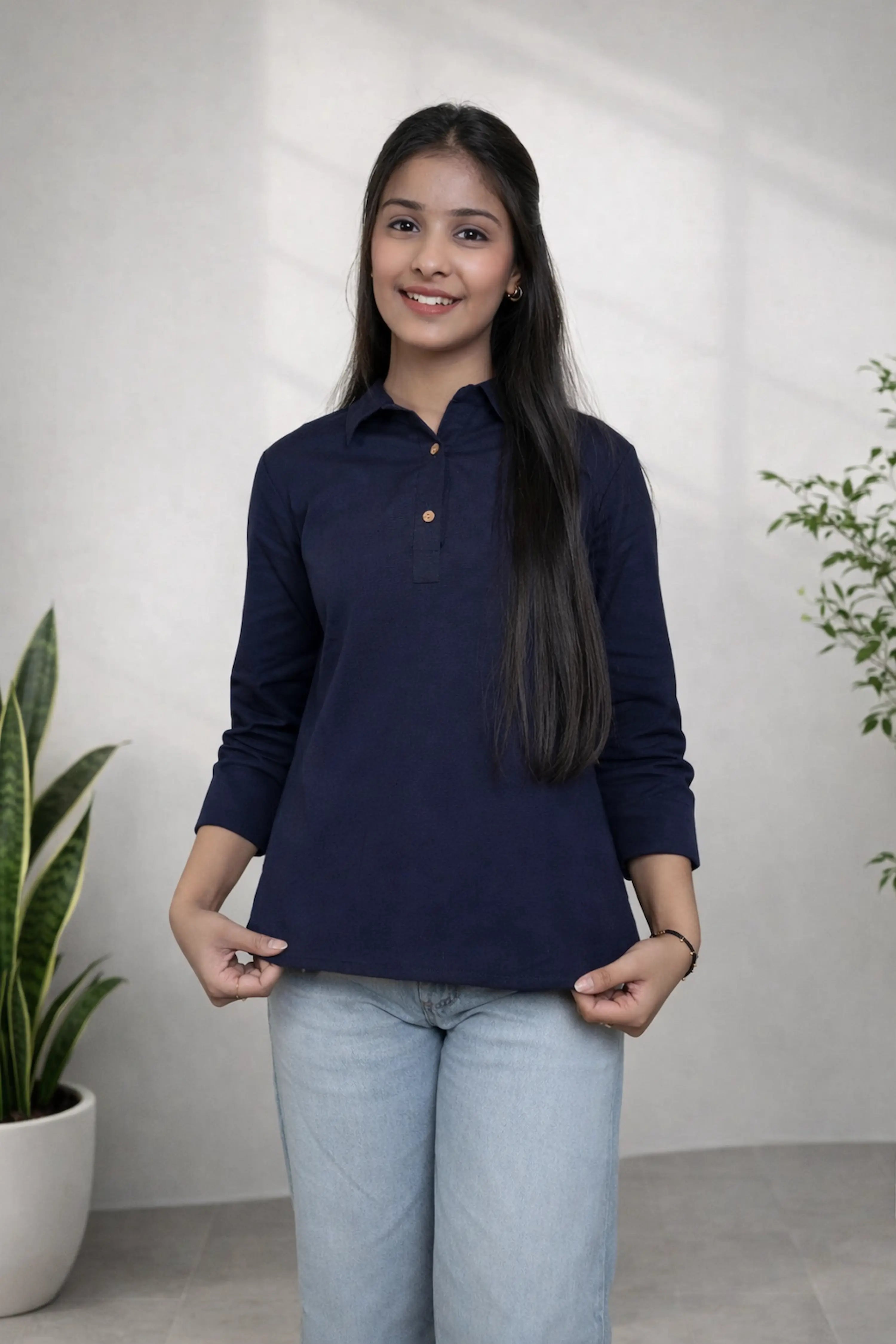 Navy Blue Solid Casual Top with Collar and Button Placket