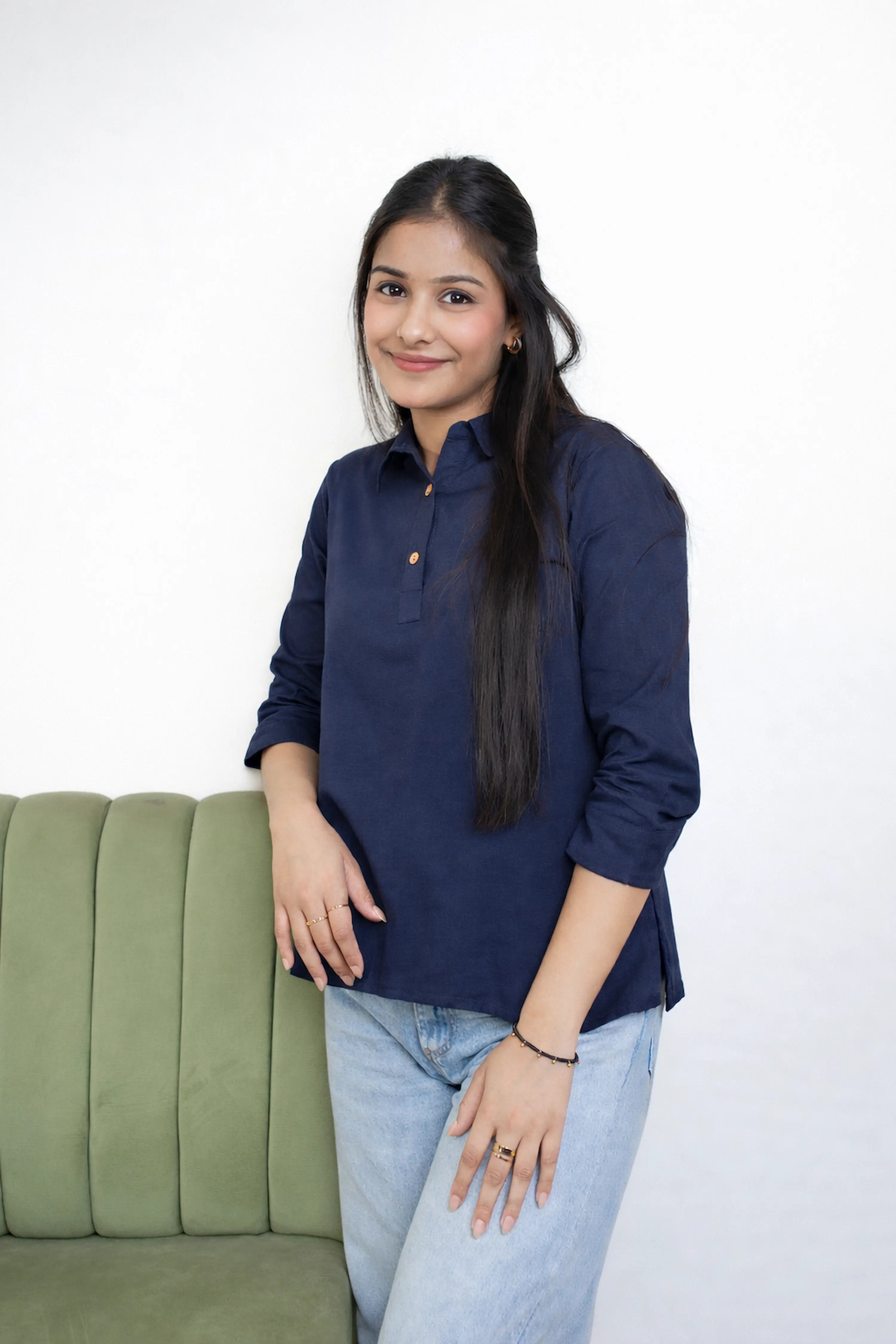 Navy Blue Solid Casual Top with Collar and Button Placket