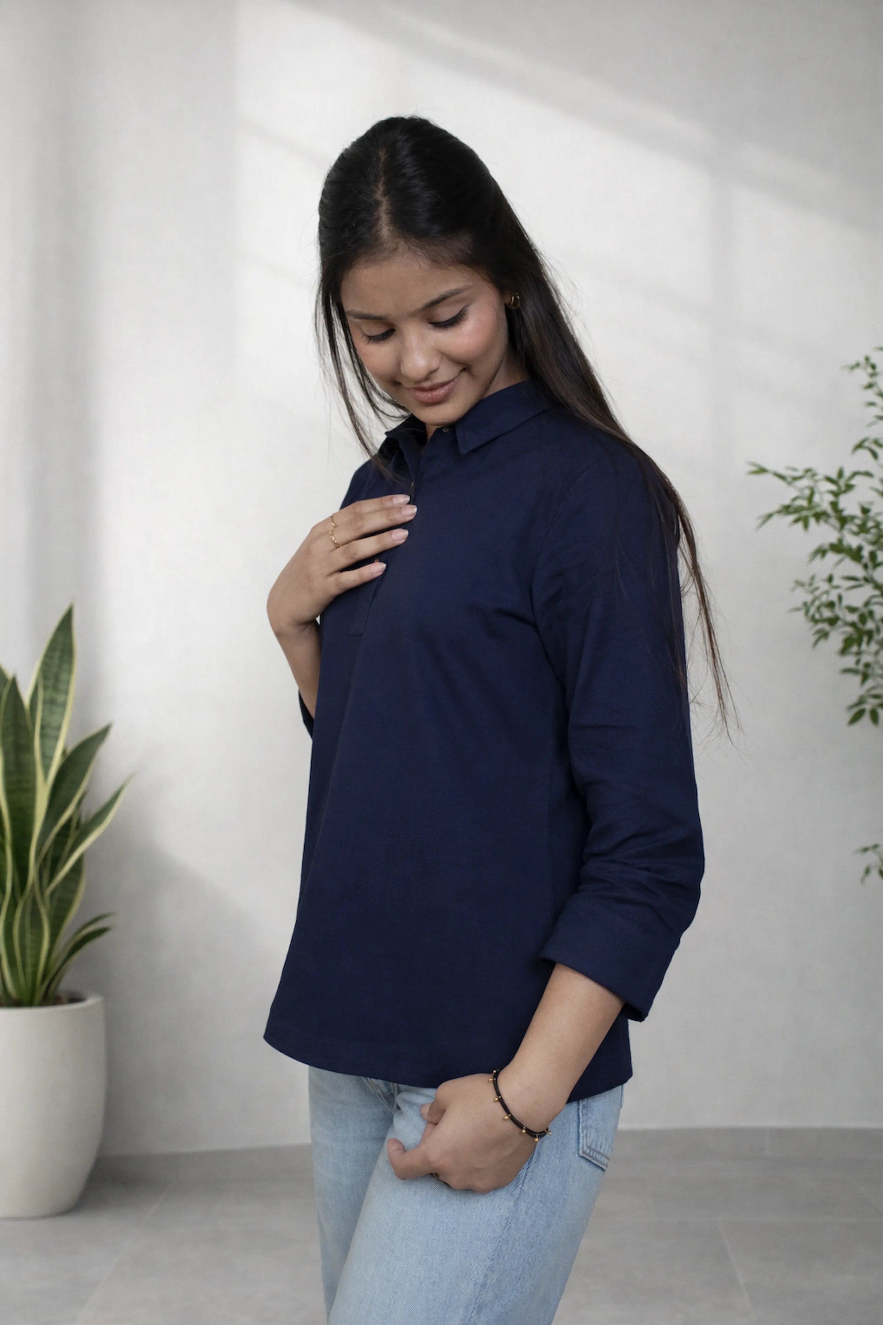 Navy Blue Solid Casual Top with Collar and Button Placket