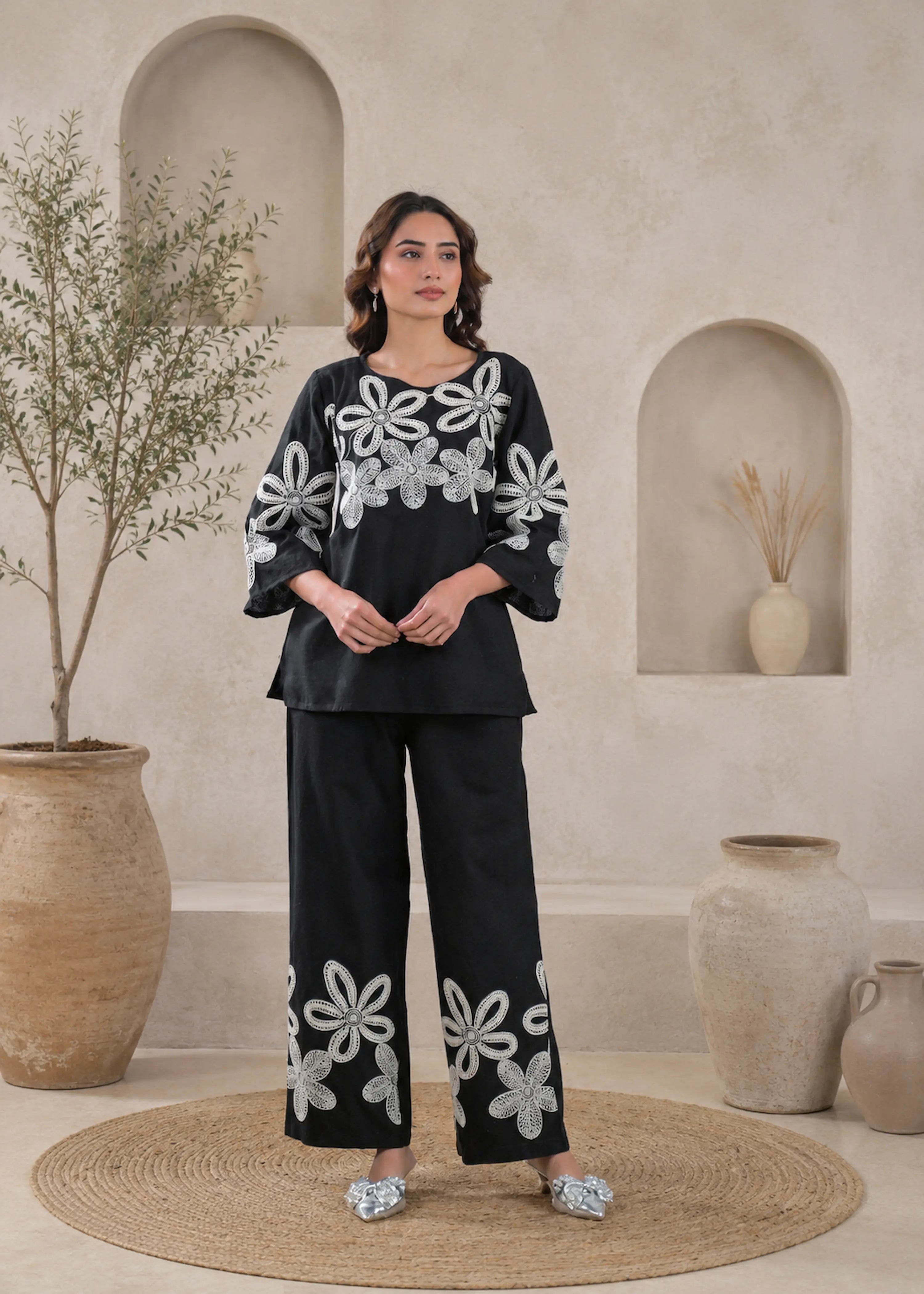 Black Floral Embroidered Premium Co-Ord Set