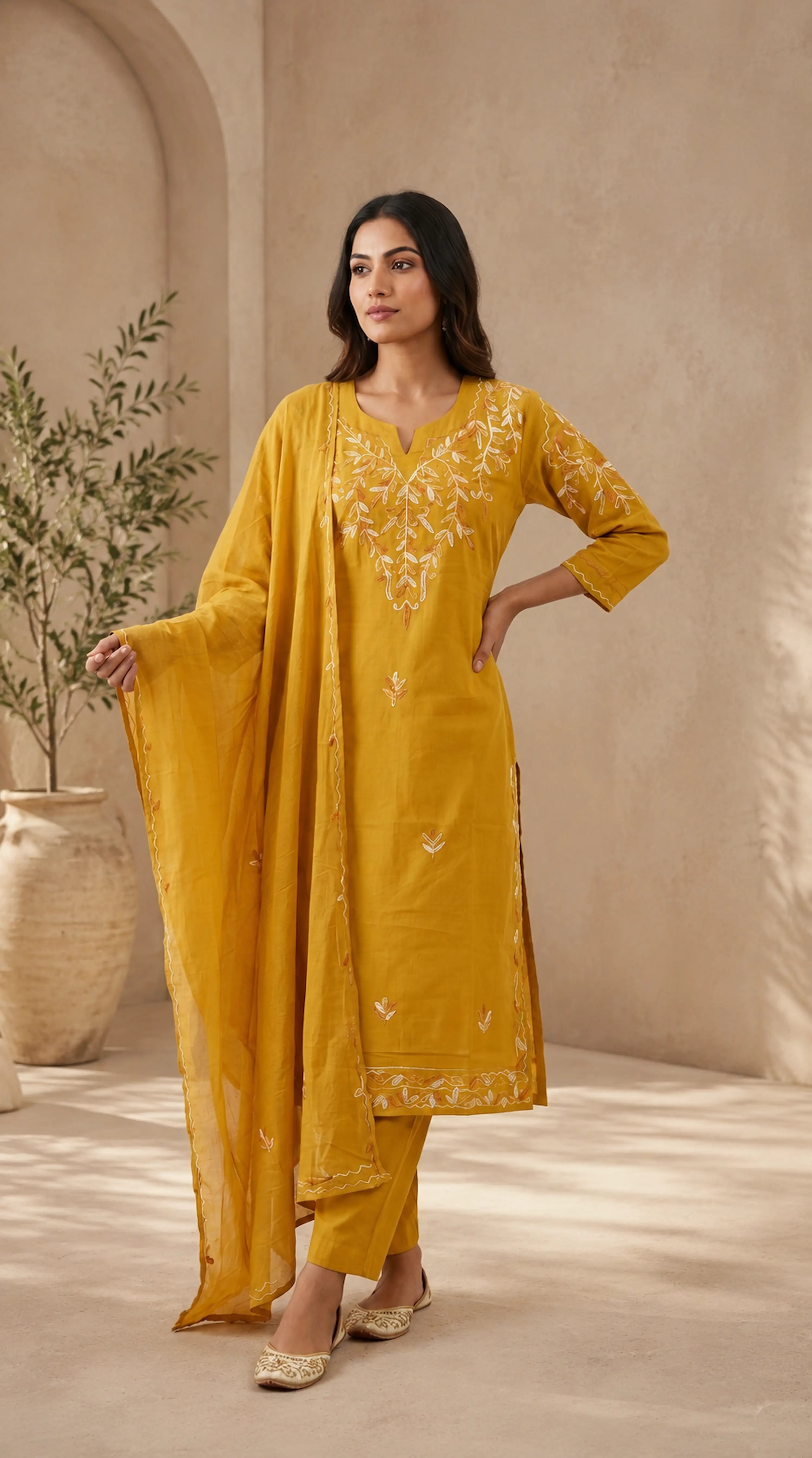Mustard Embroidered Premium Cotton 3-Piece Suit Set