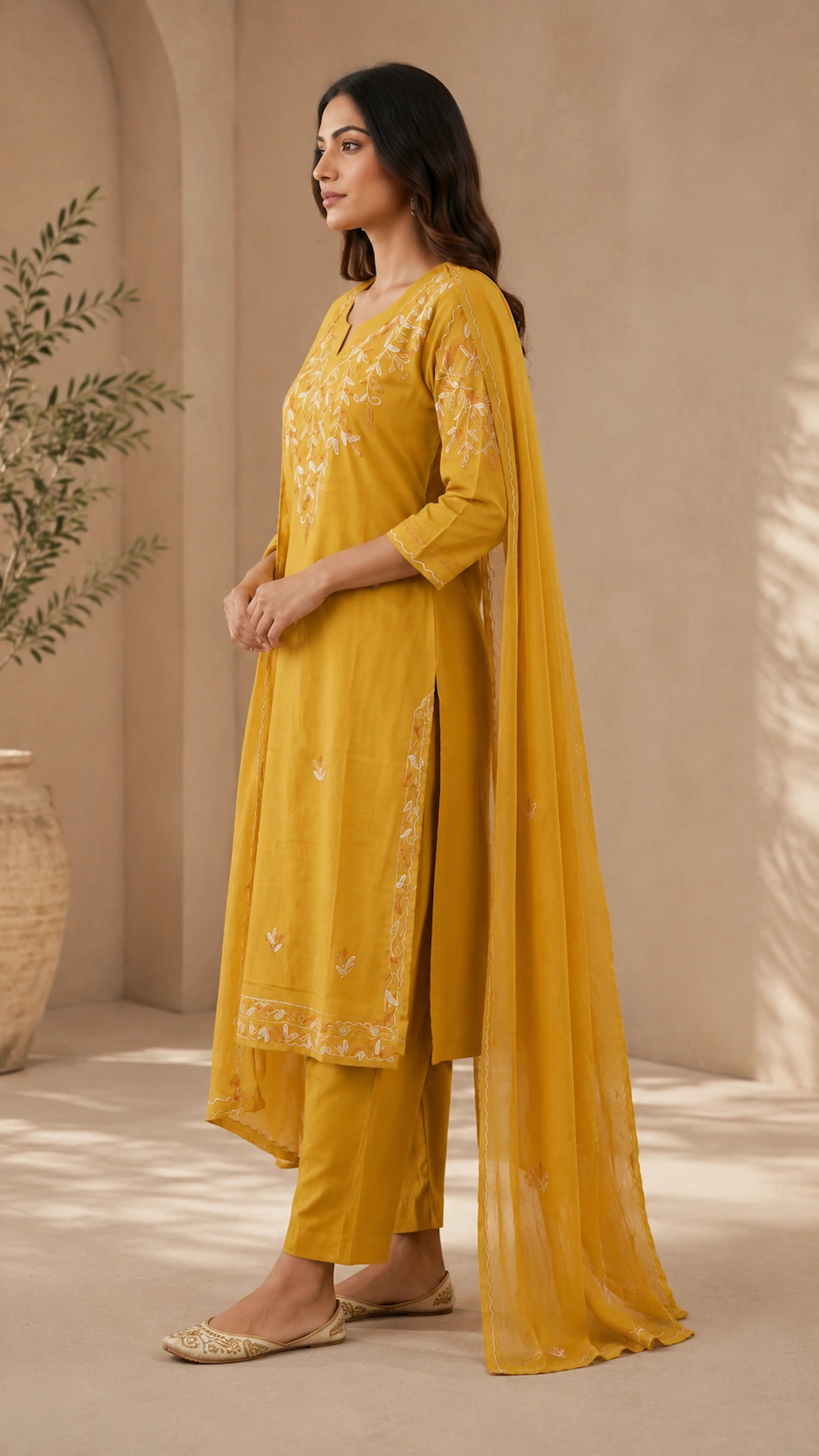 Mustard Embroidered Premium Cotton 3-Piece Suit Set