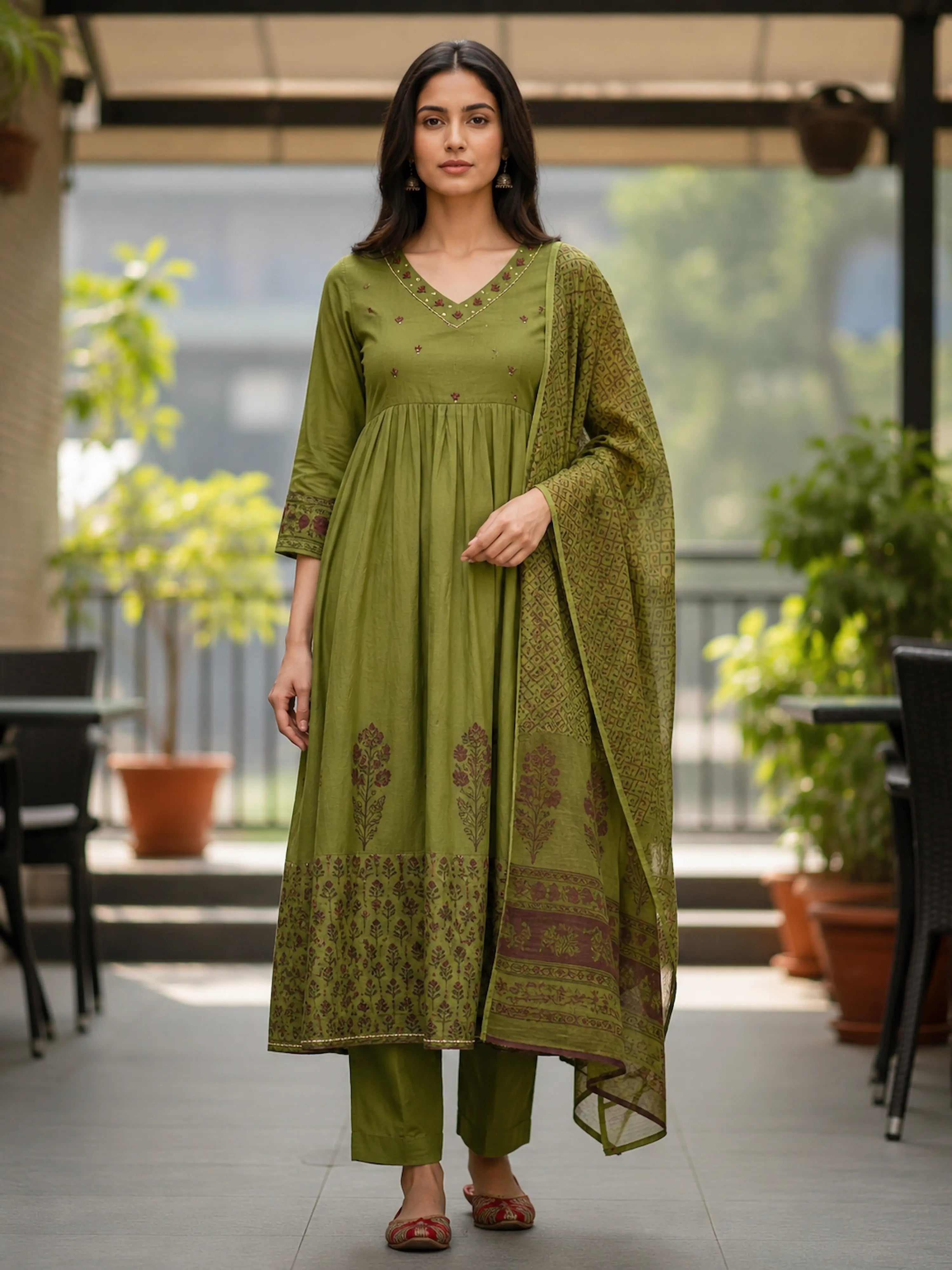 Olive Green Handblock Printed Premium Cotton 3-Piece Suit Set