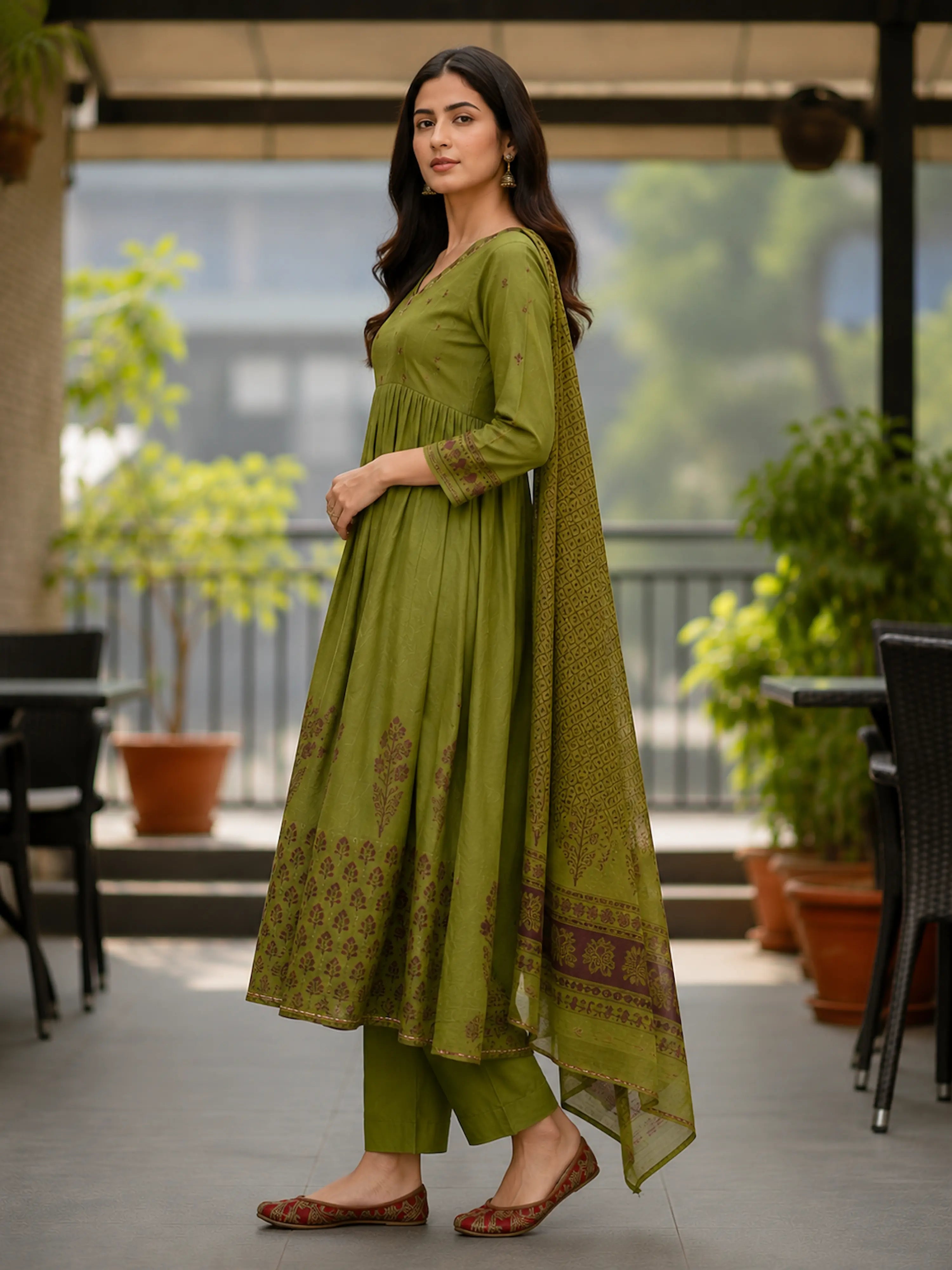 Olive Green Handblock Printed Premium Cotton 3-Piece Suit Set