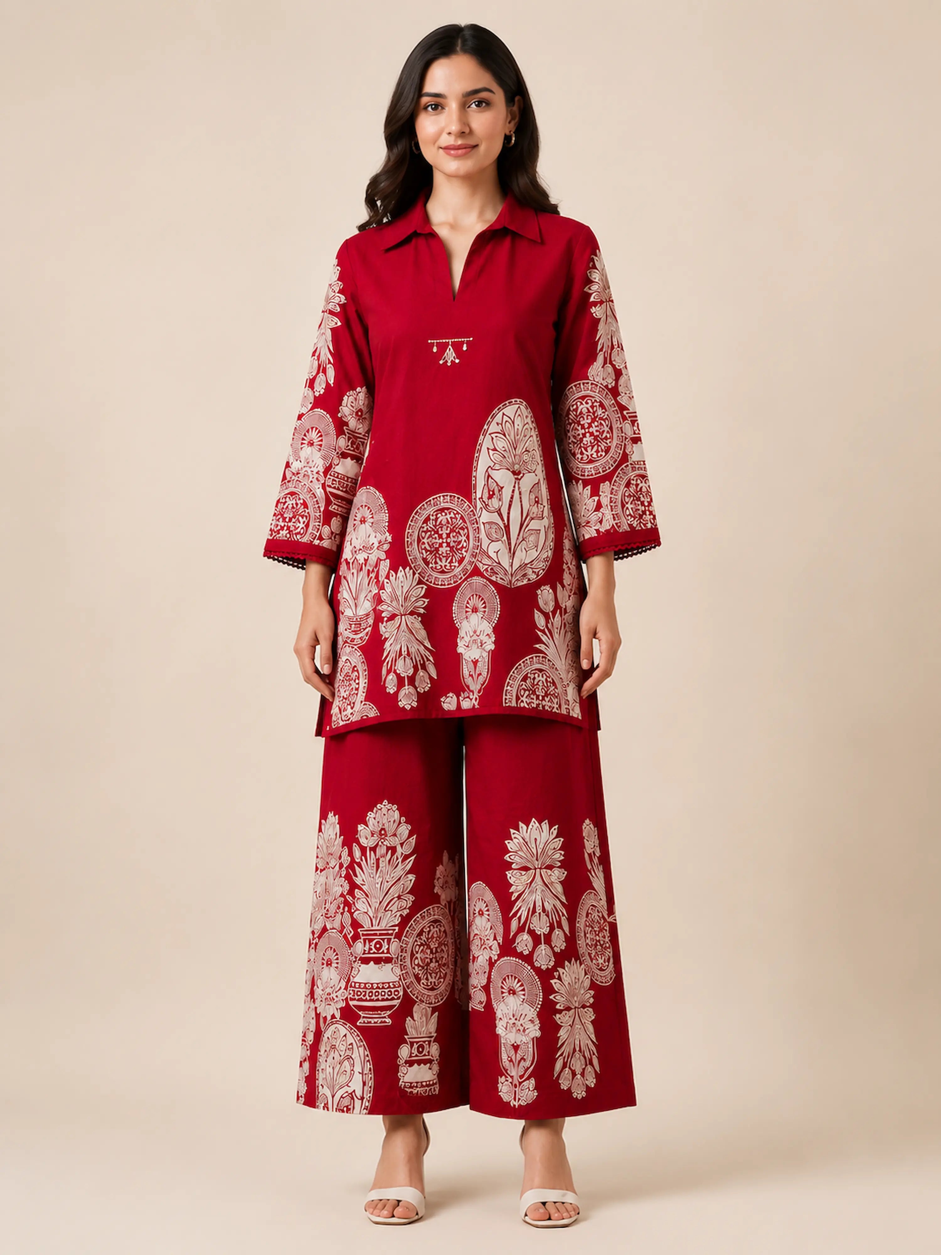 Red Ethnic Printed Premium Cotton Co-Ord Set