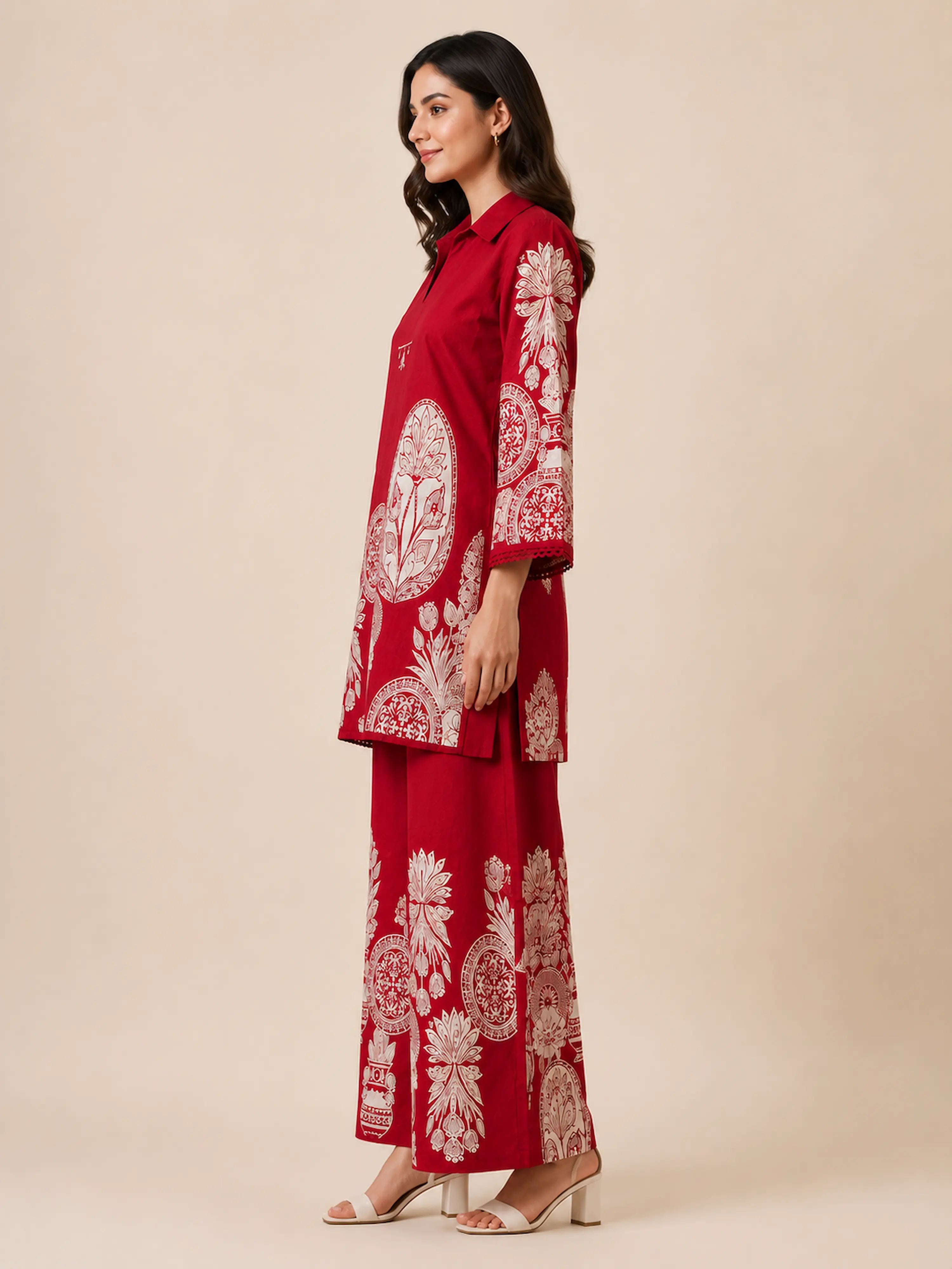 Red Ethnic Printed Premium Cotton Co-Ord Set
