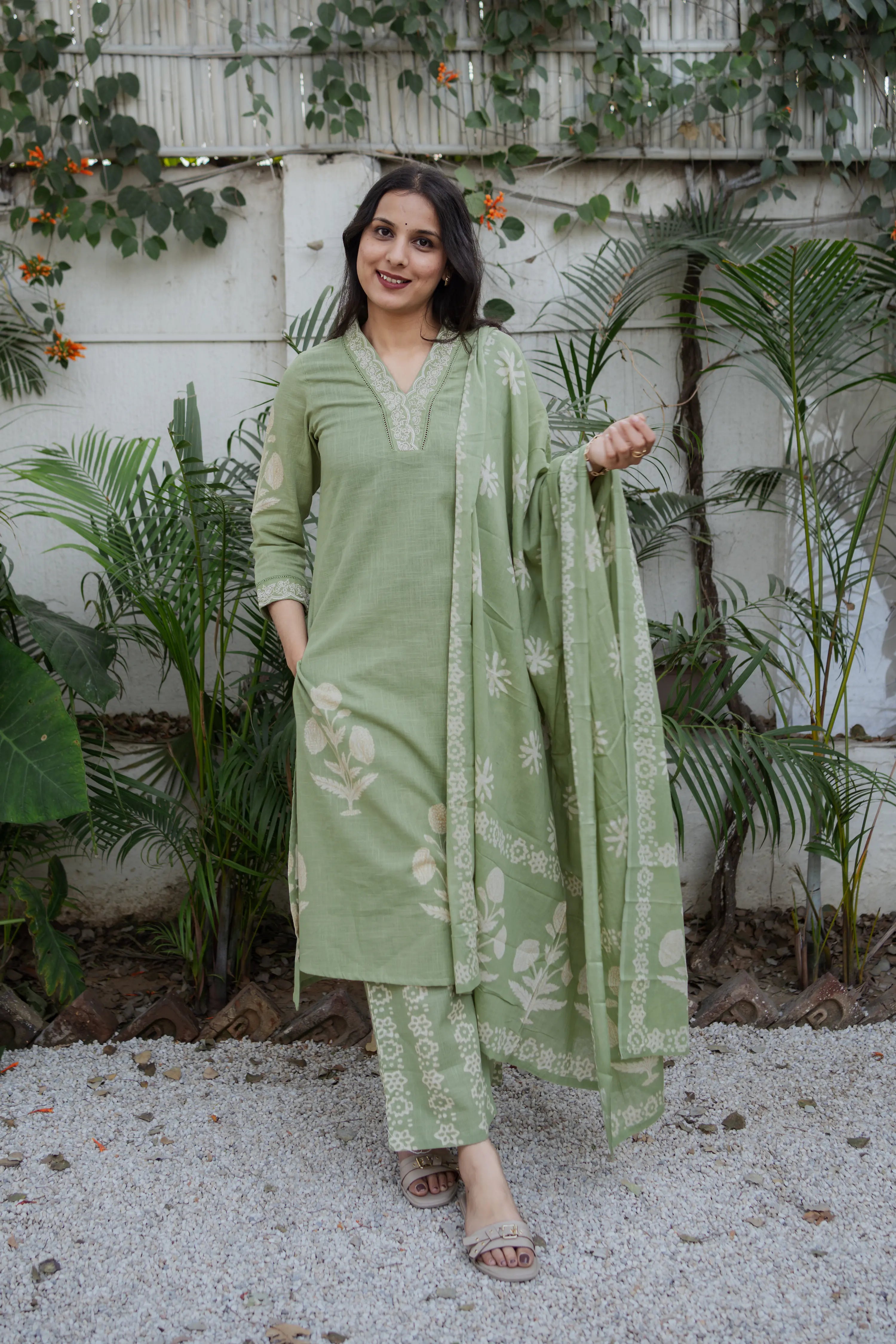 Women Sage Green Printed Kurta Set with Dupatta – 3 Piece Ethnic Suit
