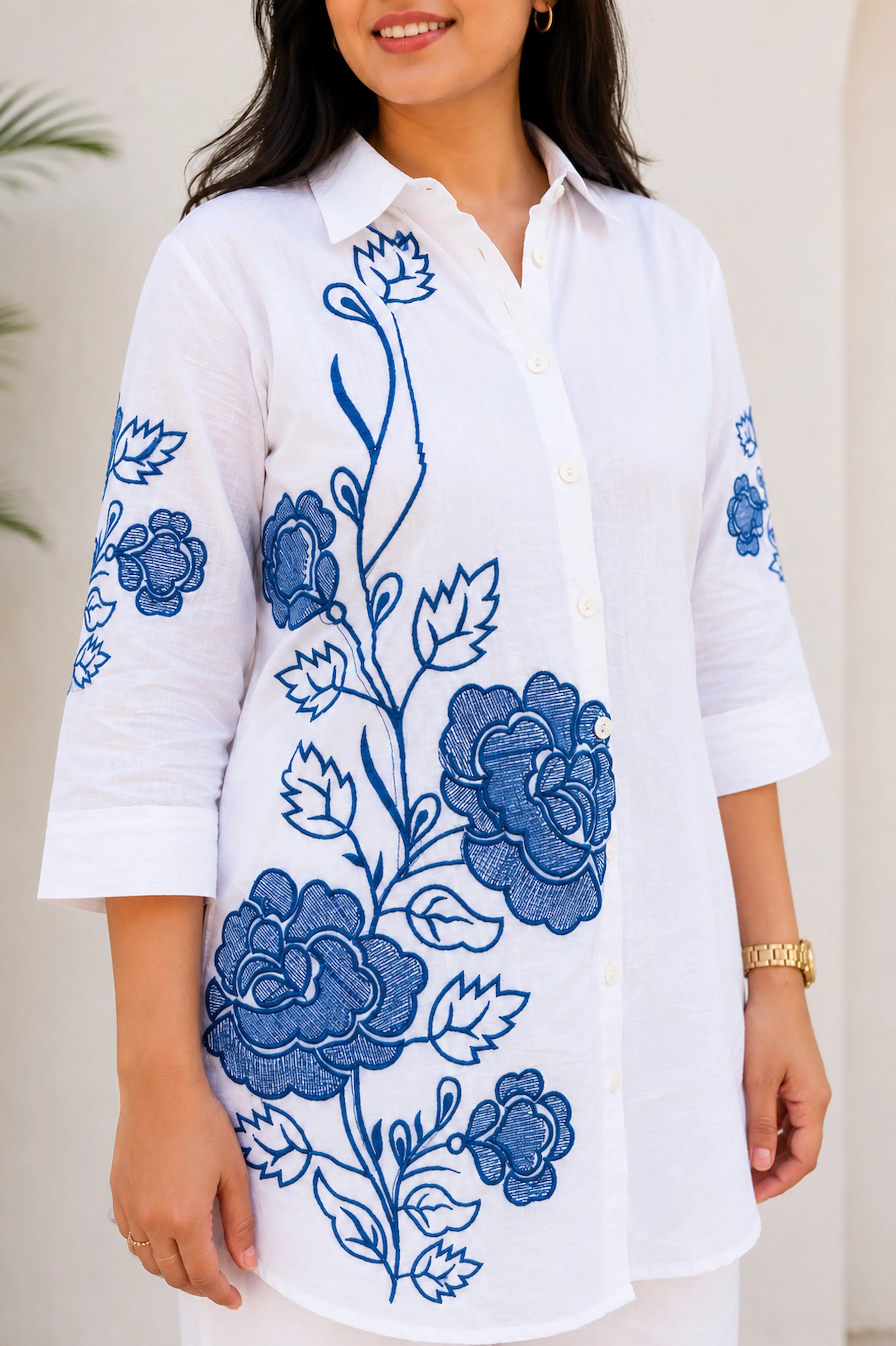 White & Blue Floral Premium Cotton Co-Ord Set