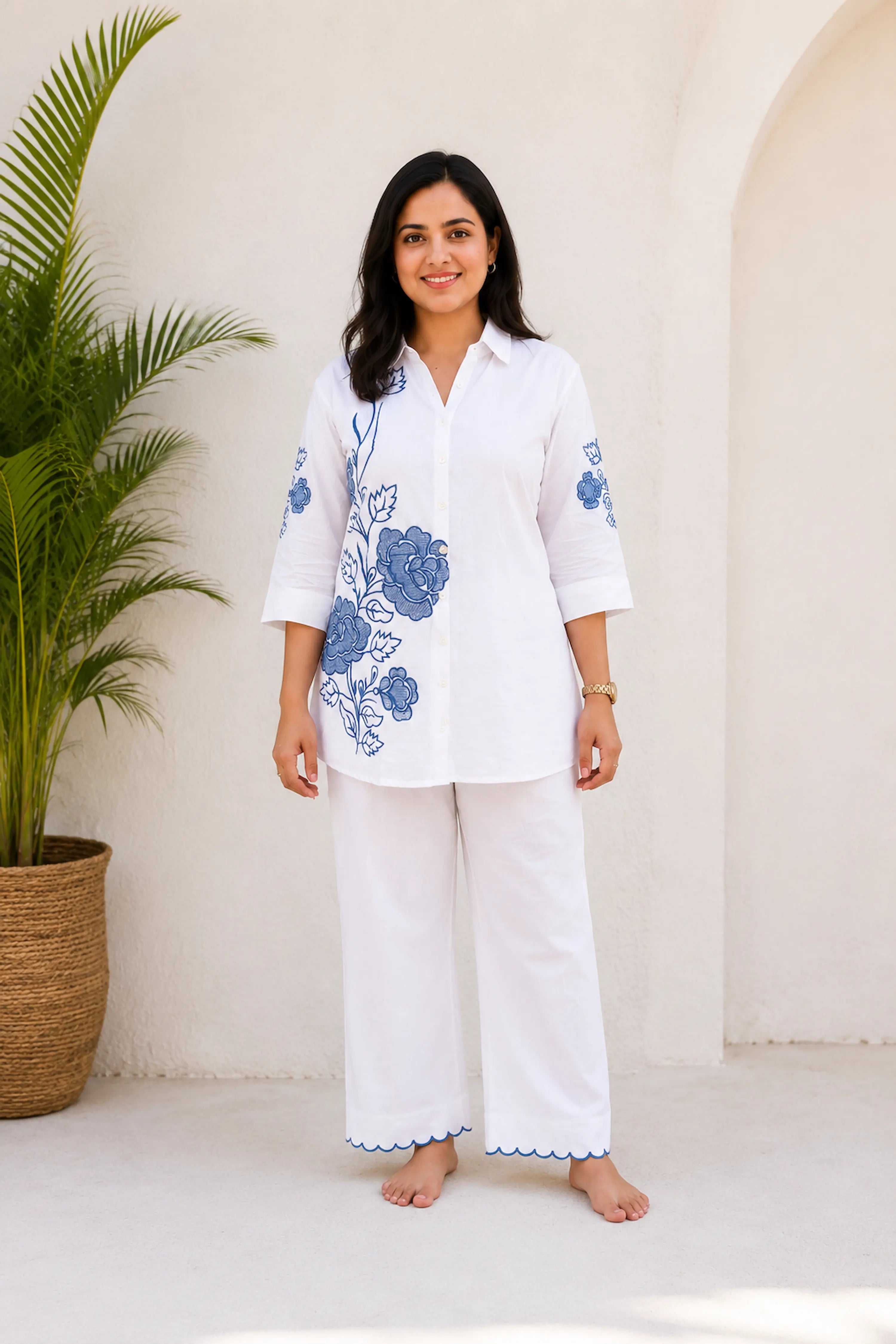 White & Blue Floral Premium Cotton Co-Ord Set