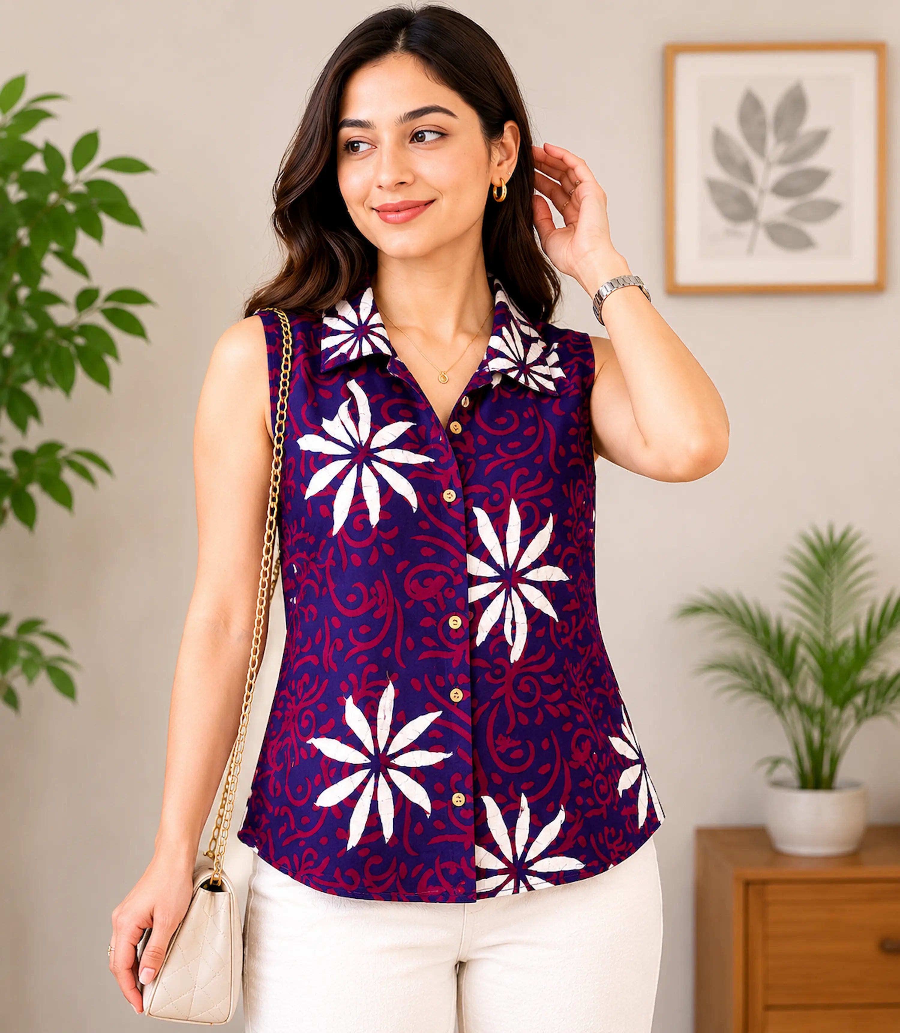 Women’s Navy Floral Sleeveless Casual Top