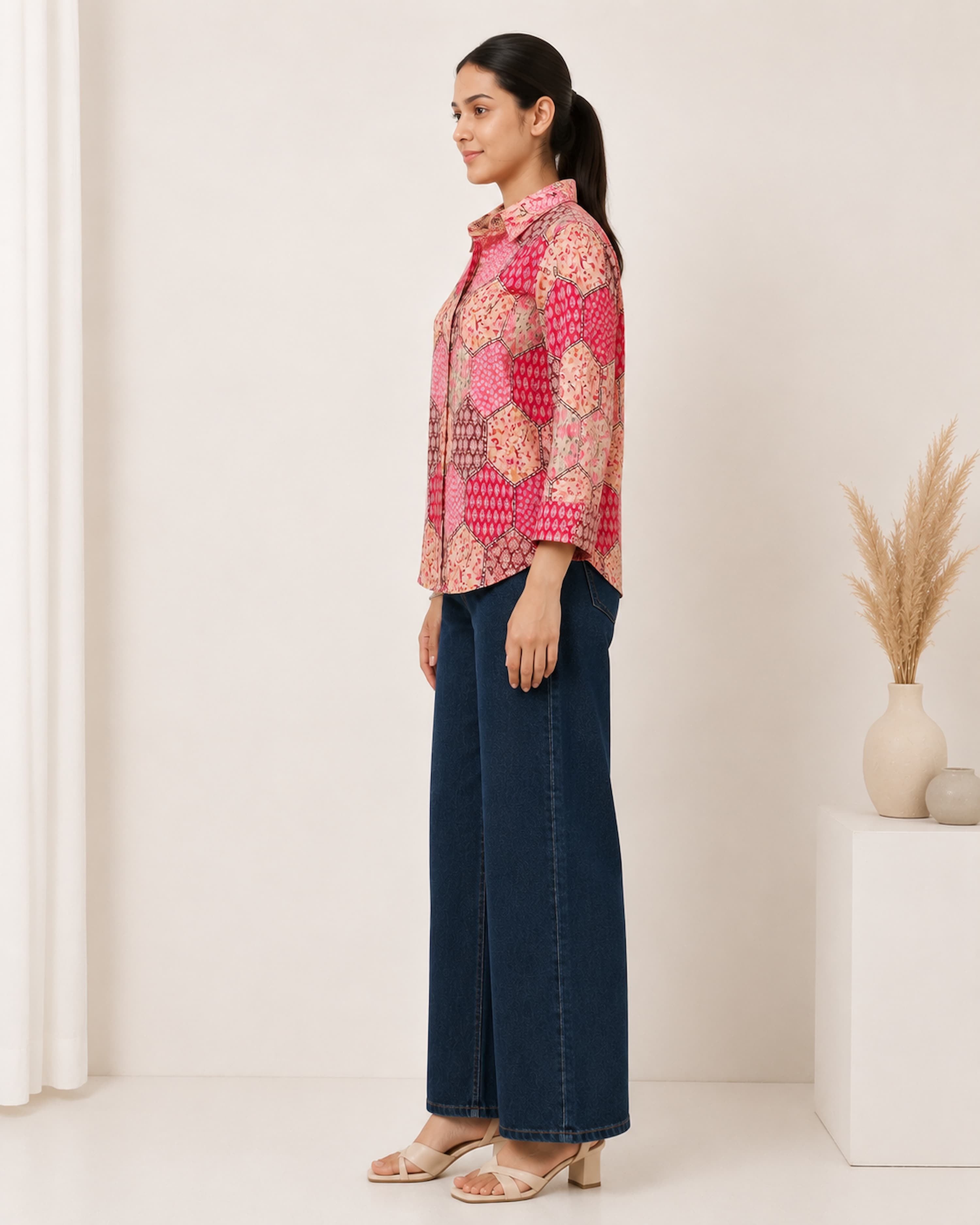 Women's Pink Geometric Printed Cotton Shirt