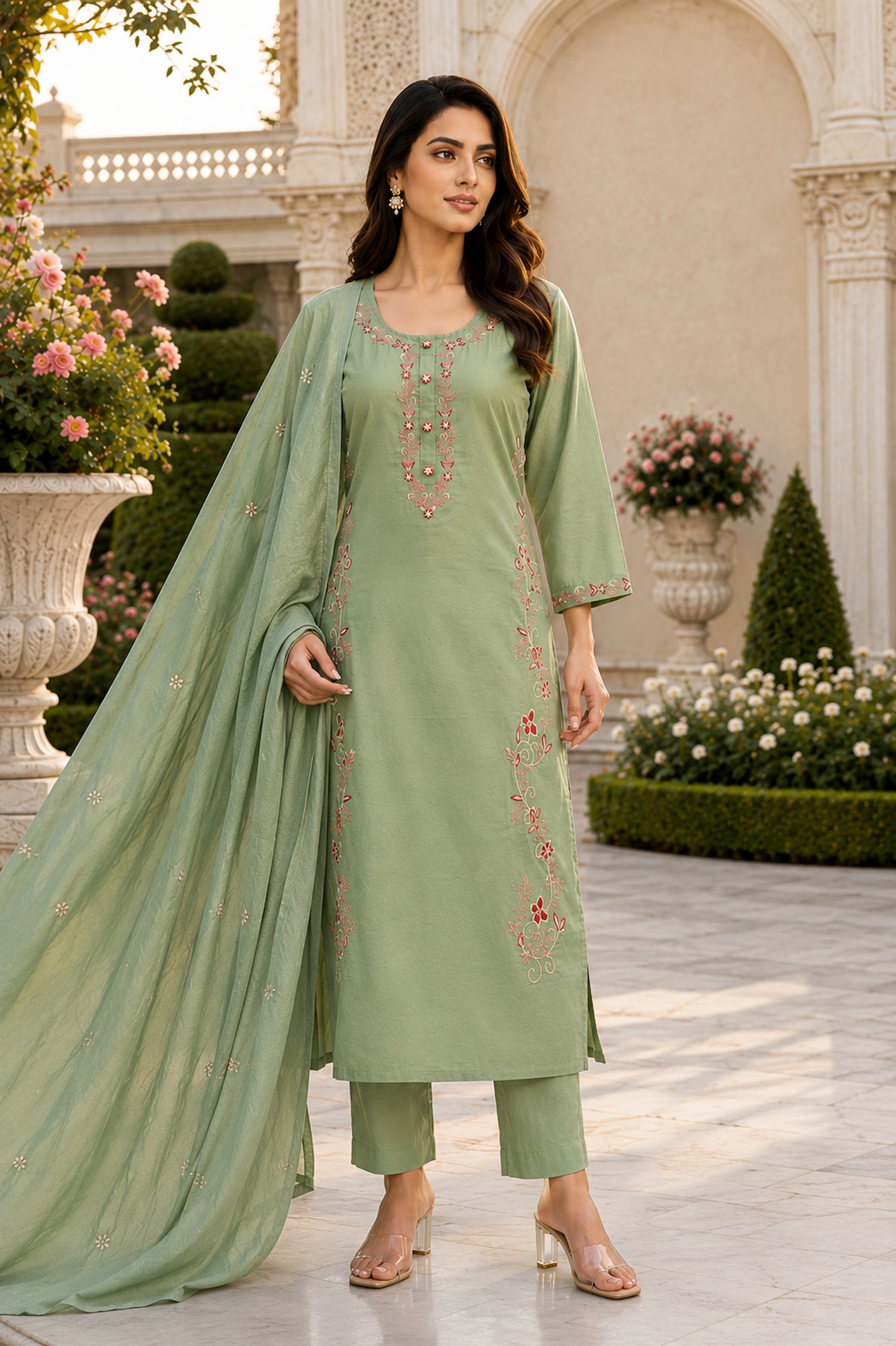 Sage Green Embroidered Cotton Kurta Pant Set with Dupatta