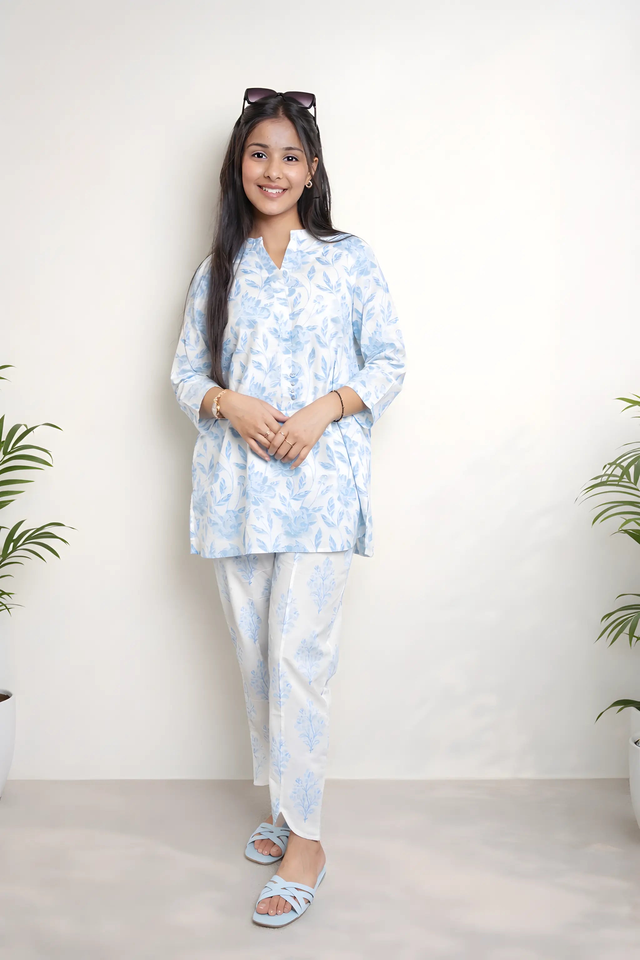 Sky Blue Floral Printed Women Co-Ord Set