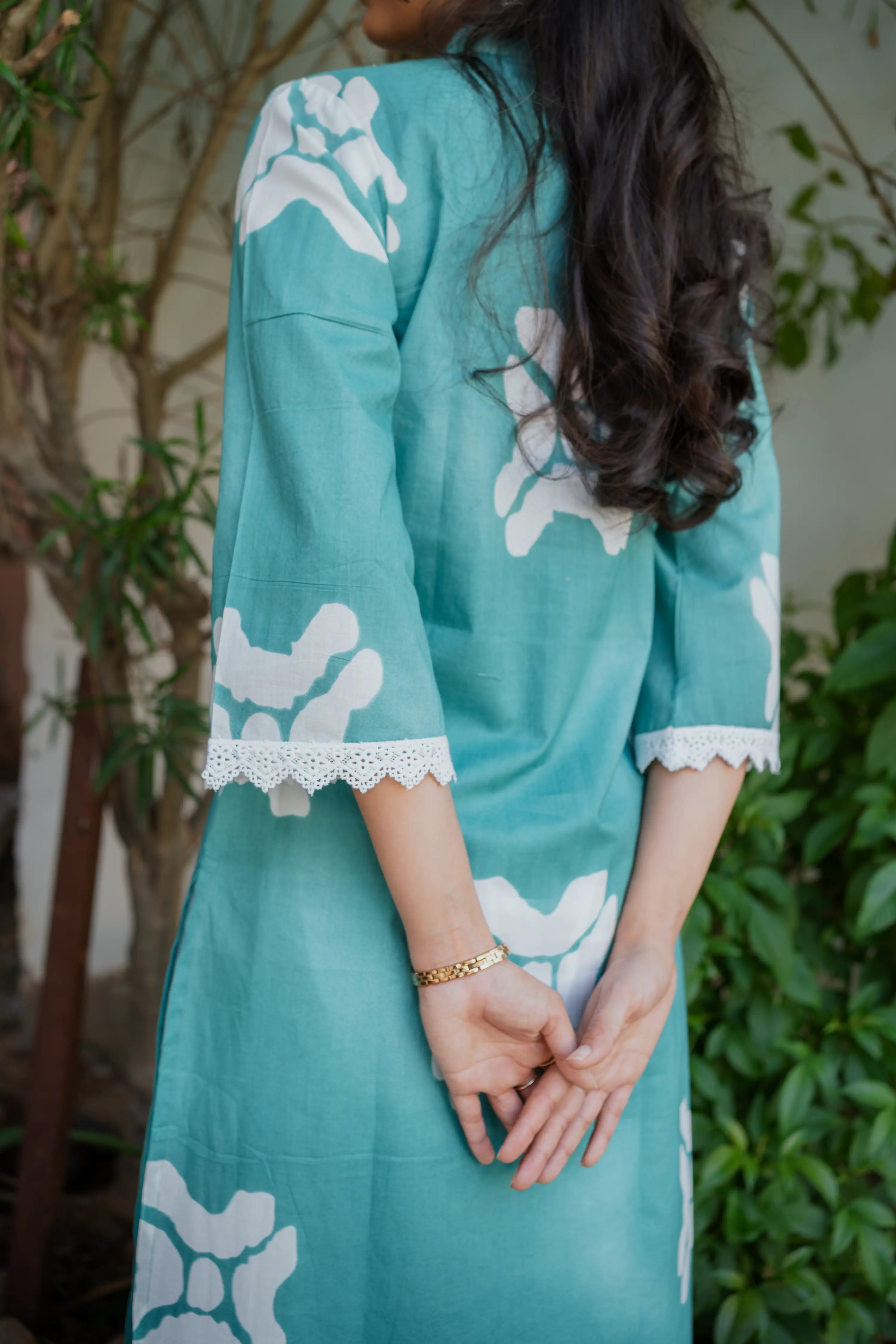Sea Green Ethnic Print Kurta with White Palazzo Pants