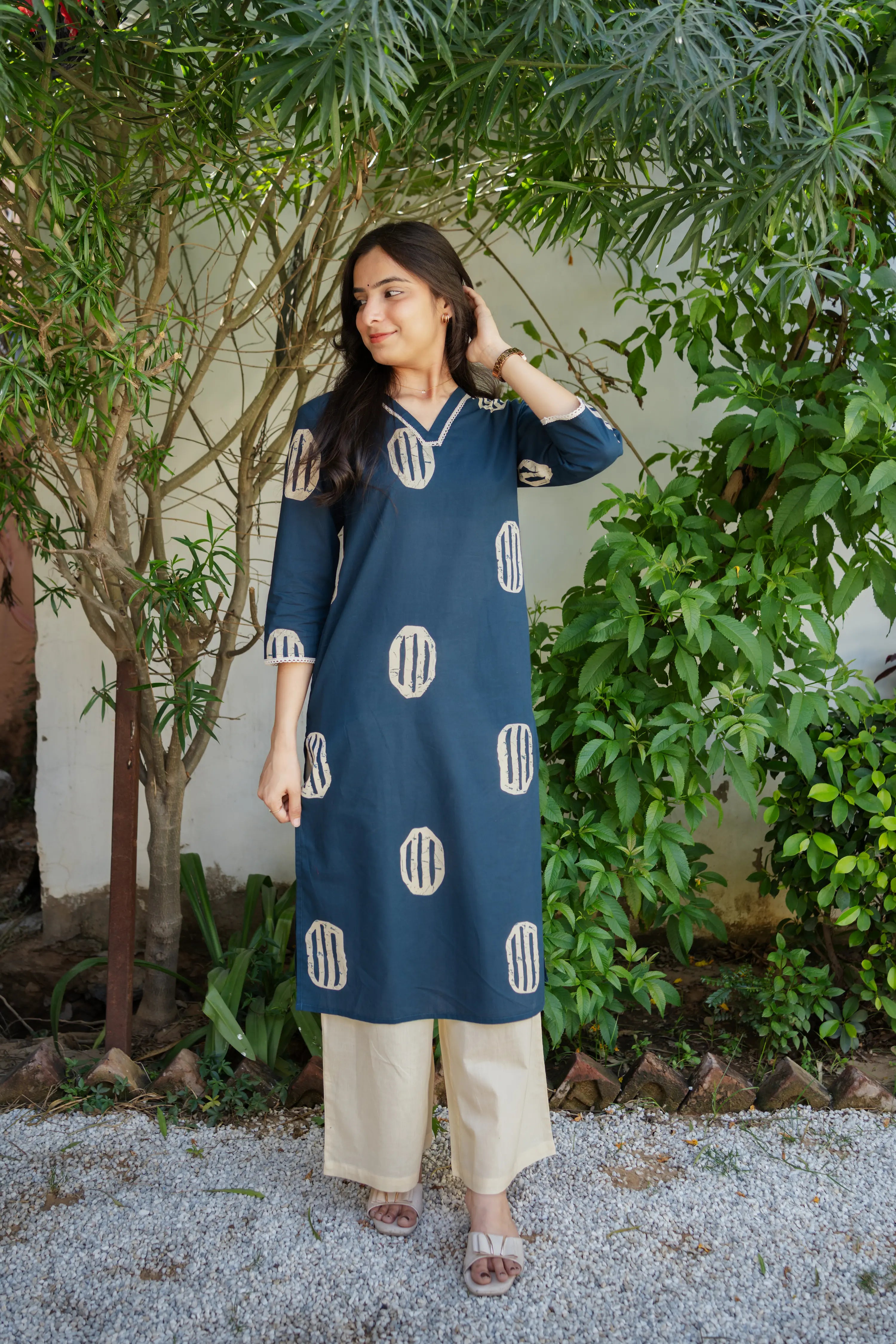 Teal Blue Ethnic Printed Kurta Set with Beige Palazzo Pants