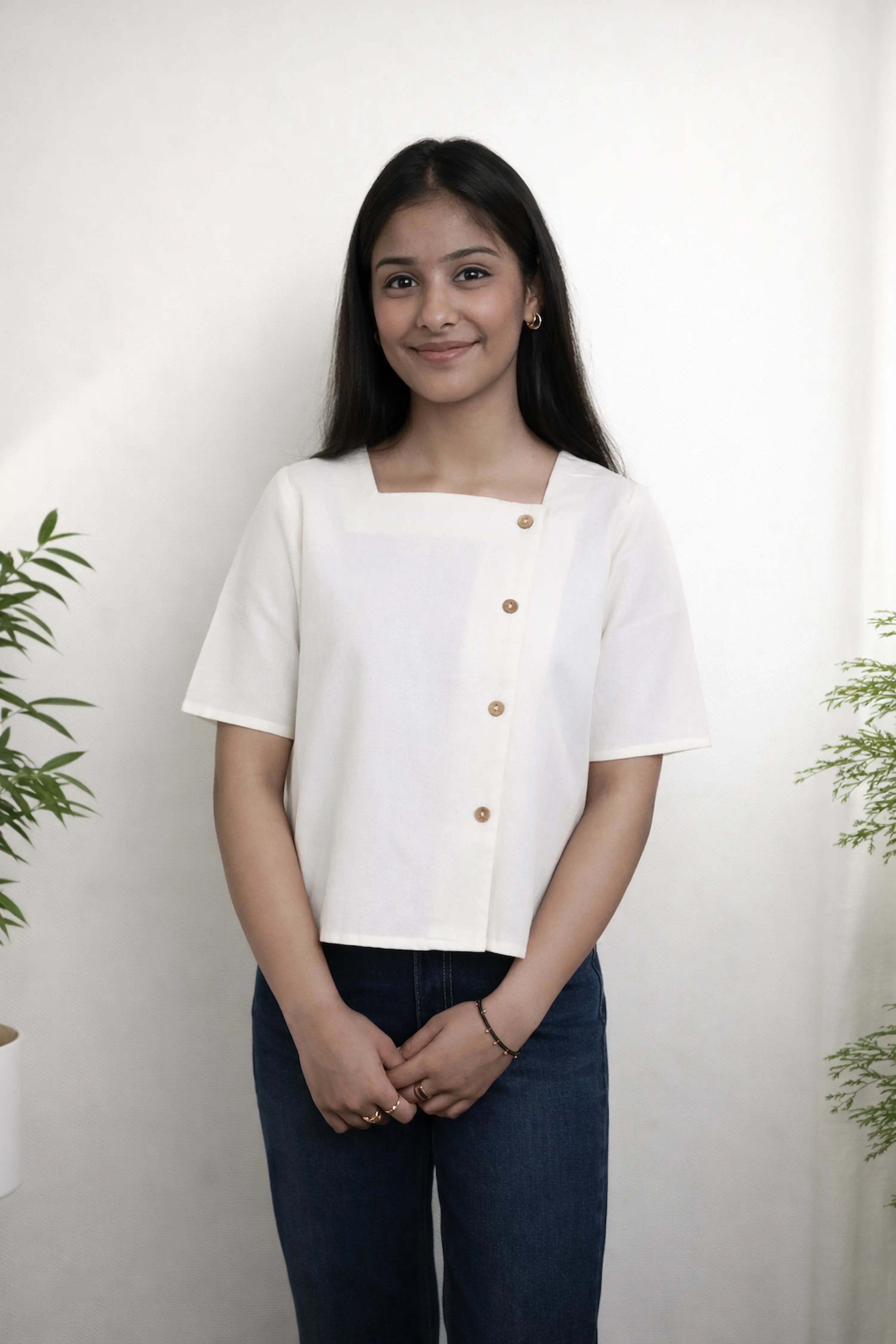 Off White Casual Top with Wooden Button Front
