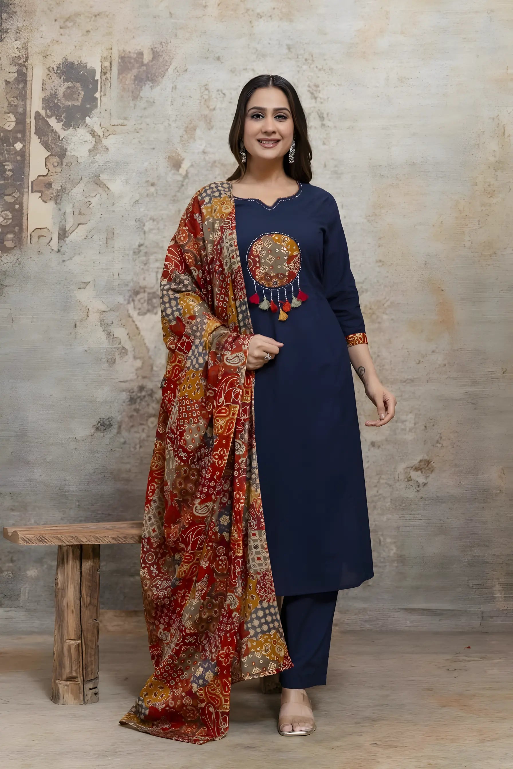 Navy Blue Kurta Set with Rust Printed Dupatta – 3 Piece Ethnic Suit Set