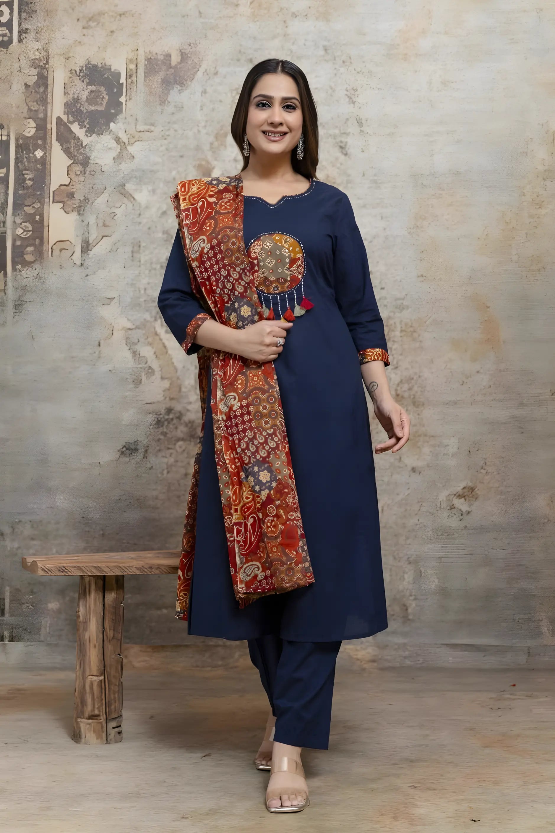 Navy Blue Kurta Set with Rust Printed Dupatta – 3 Piece Ethnic Suit Set