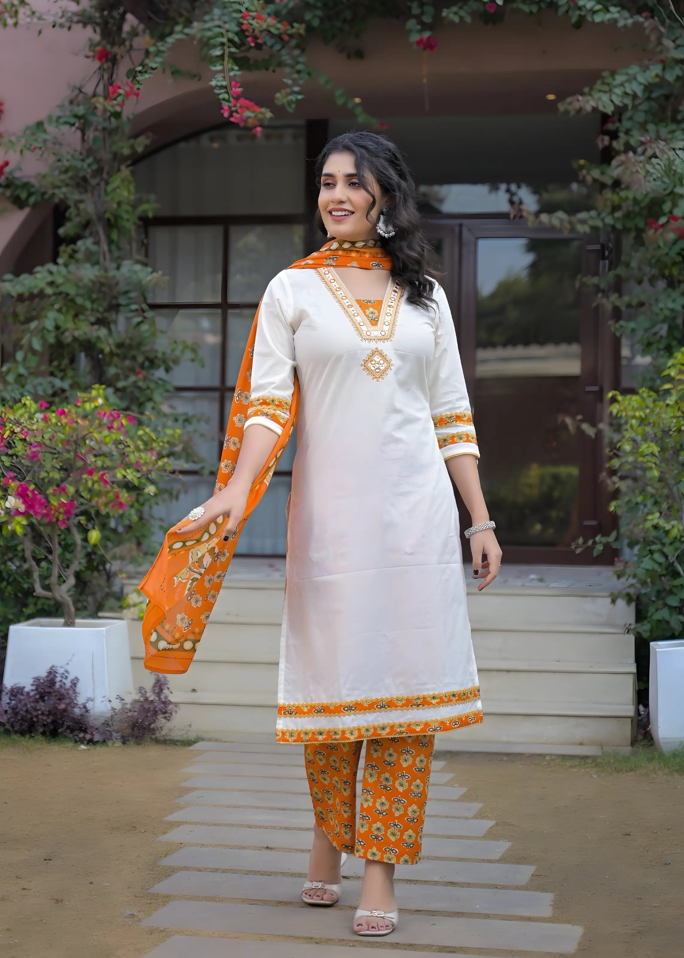 White Kurta with Orange Printed Dupatta & Pant – 3 Piece Ethnic Kurta Set