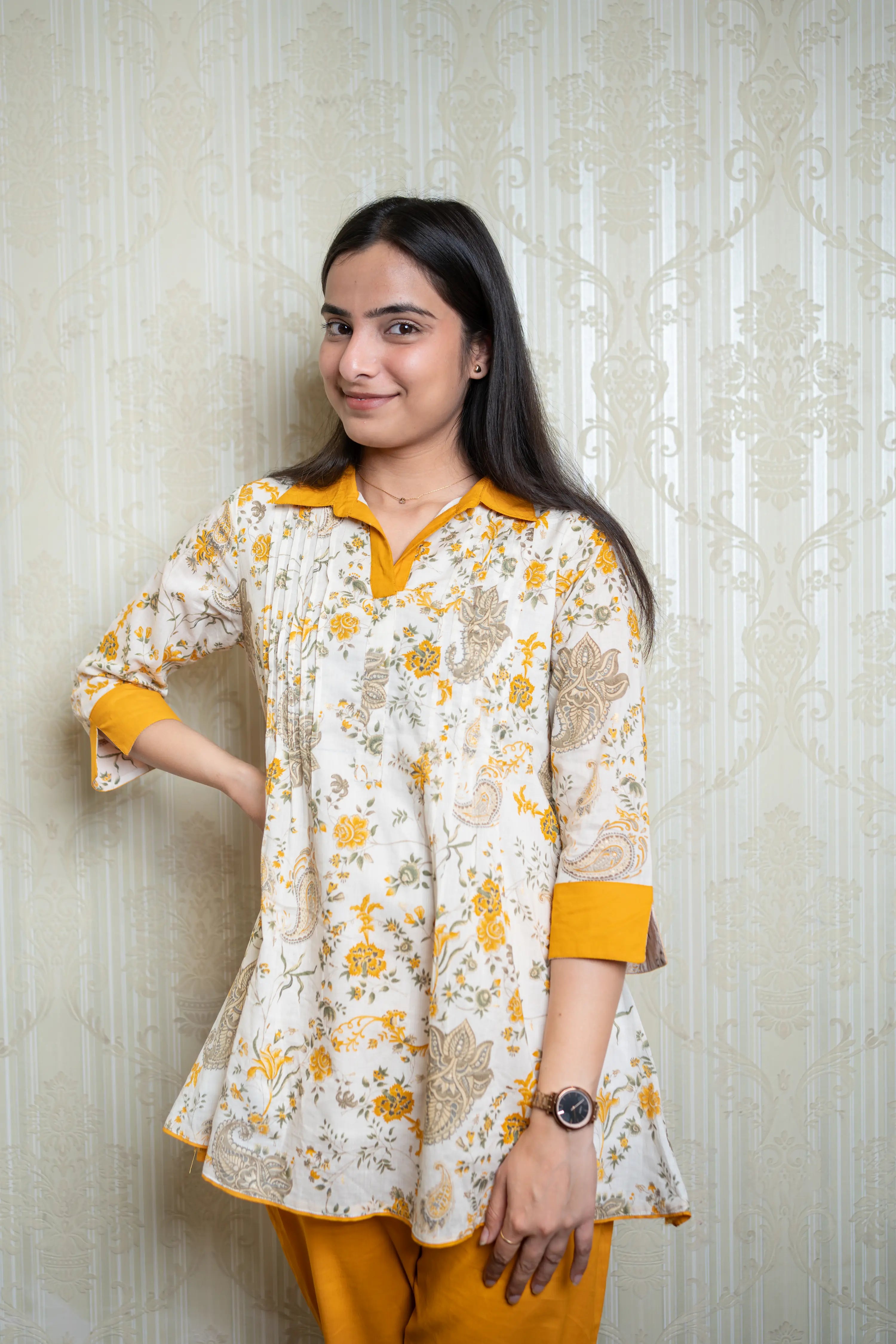 Floral Printed Malmal Kurti with Mustard Pants – Ethnic Co-Ord Set