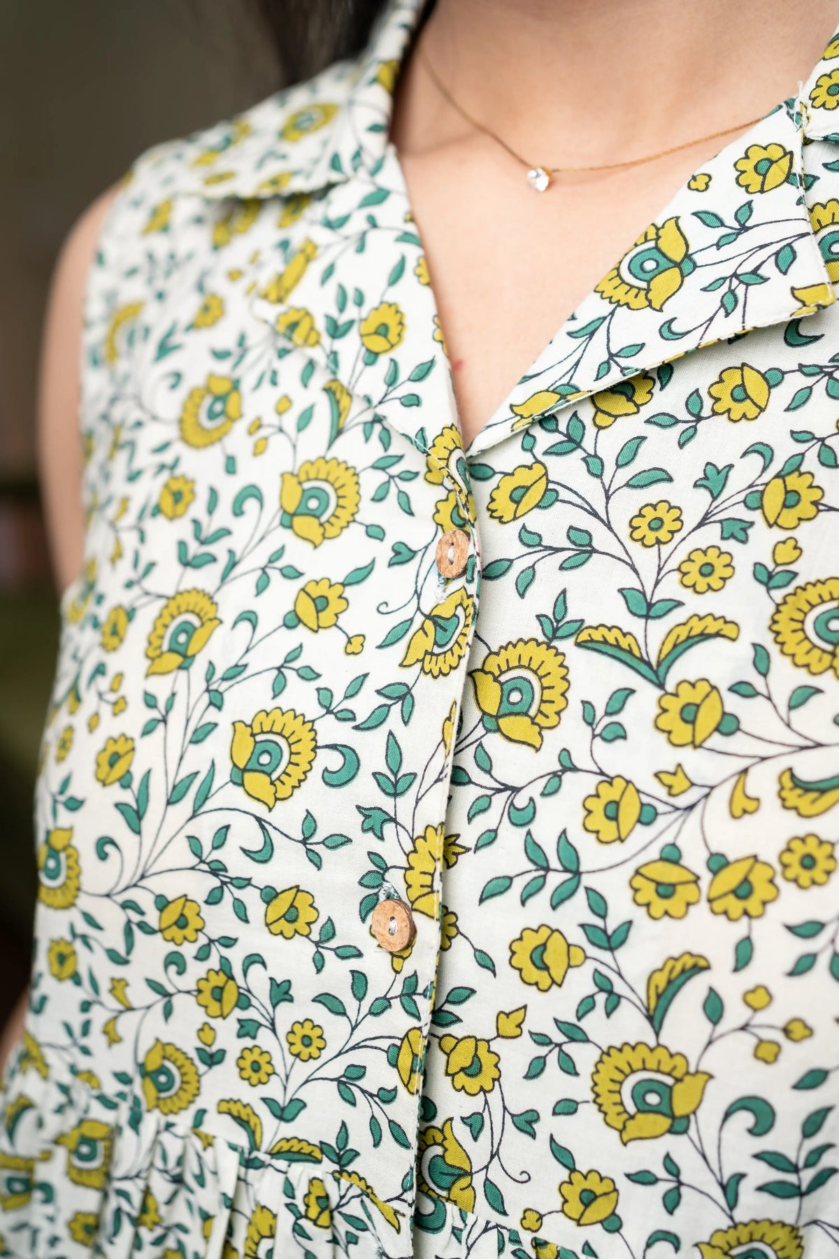 Green & Yellow Floral Print Sleeveless Peplum Top