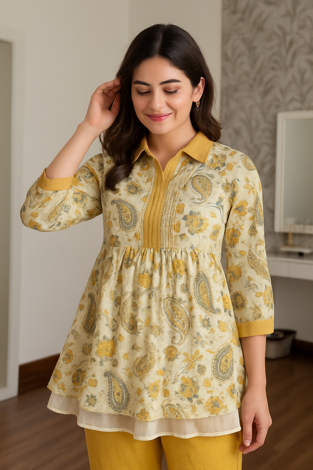 Malmal Printed Kurta - Mustard