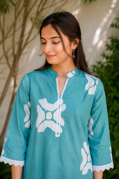 Sea Green Ethnic Print Kurta with White Palazzo Pants