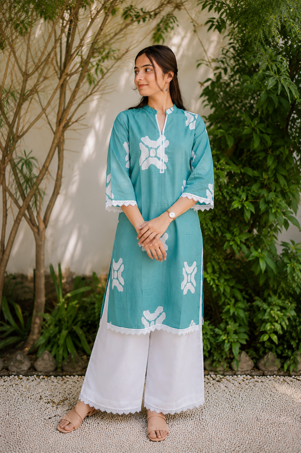 Sea Green Ethnic Print Kurta with White Palazzo Pants