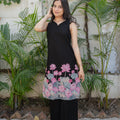 Black Sleeveless Kurta Set for Women with Pink Floral Border Print