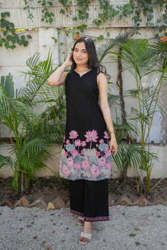 Black Sleeveless Kurta Set for Women with Pink Floral Border Print