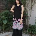 Black Sleeveless Kurta Set for Women with Pink Floral Border Print
