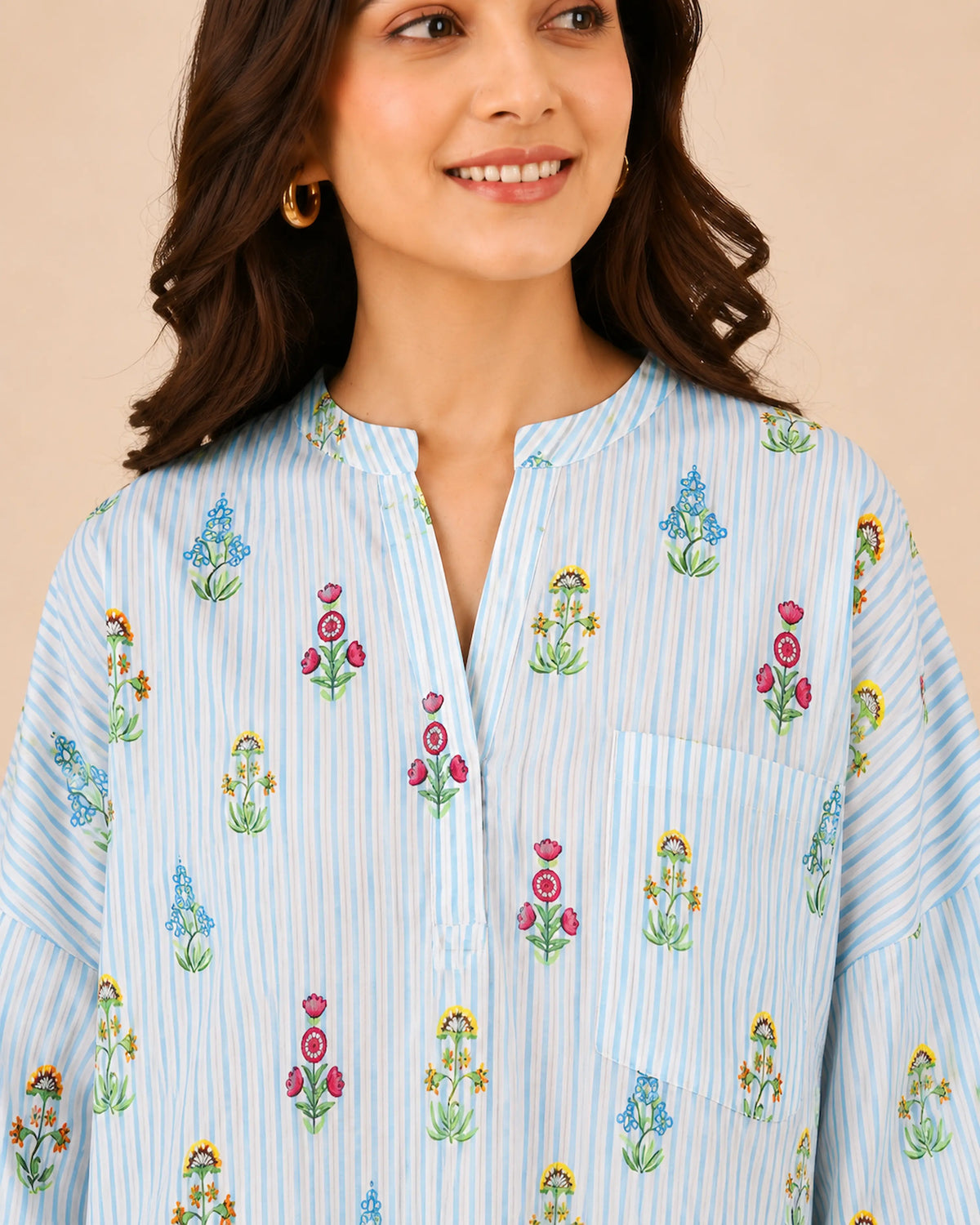 Women’s Blue Striped Floral Print Cotton Shirt | Relaxed Fit 3/4 Sleeve