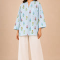 Women’s Blue Striped Floral Print Cotton Shirt | Relaxed Fit 3/4 Sleeve