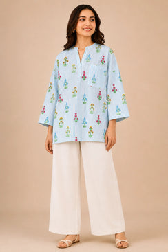 Women’s Blue Striped Floral Print Cotton Shirt | Relaxed Fit 3/4 Sleeve