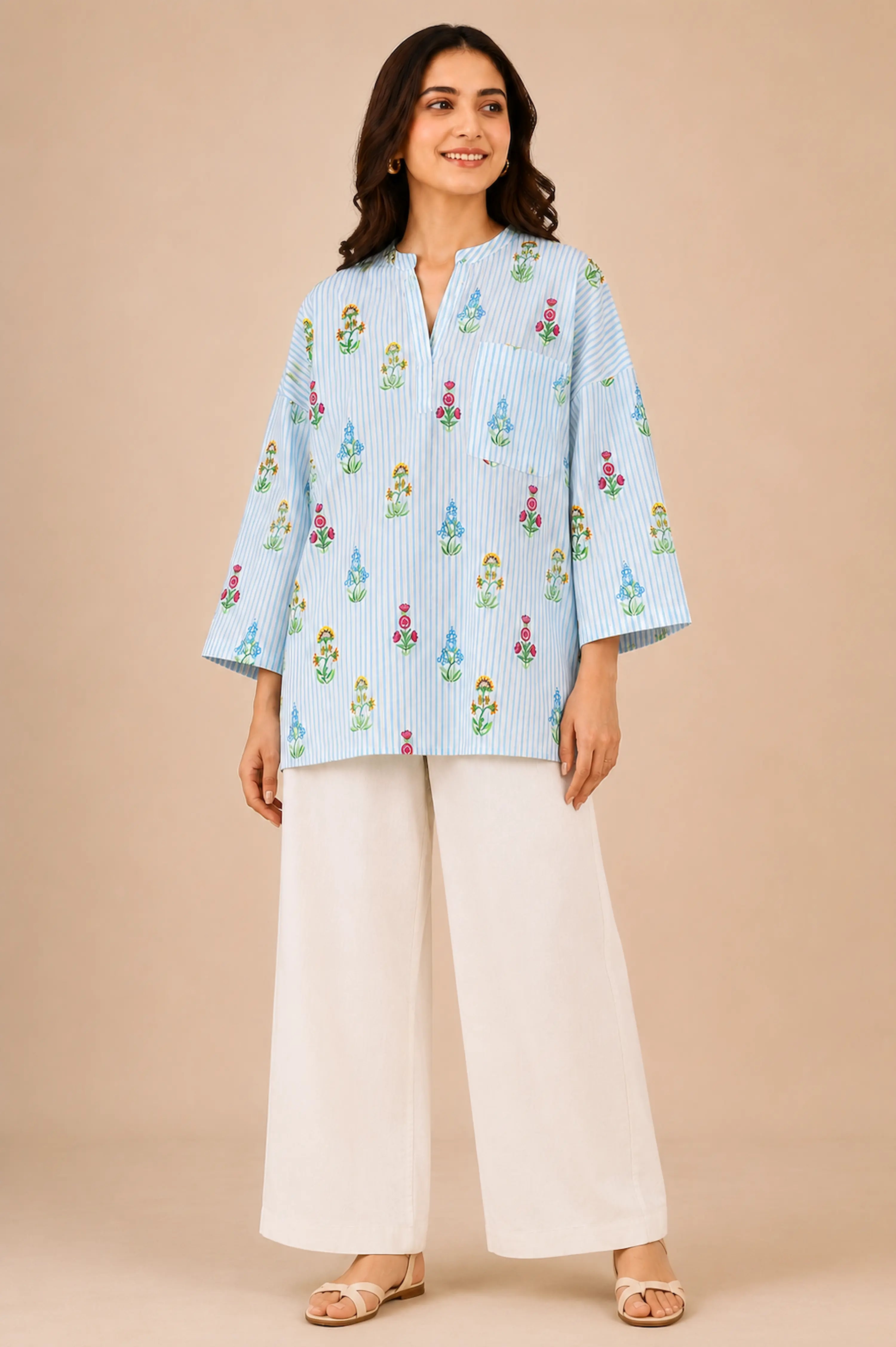Women’s Blue Striped Floral Print Cotton Shirt | Relaxed Fit 3/4 Sleeve