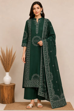 Women’s Bottle Green Printed Cotton Kurta Set with Dupatta