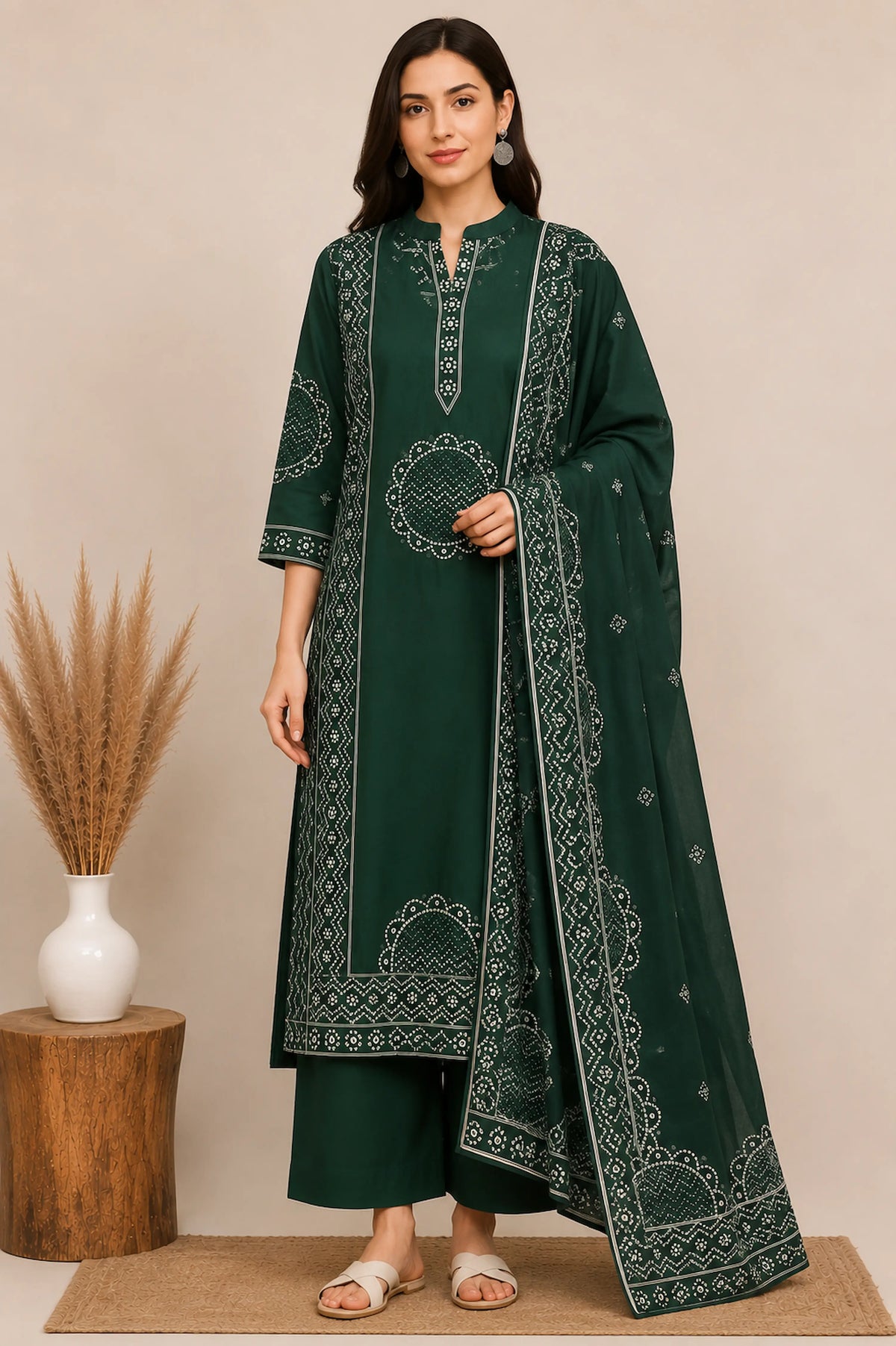 Women’s Bottle Green Printed Cotton Kurta Set with Dupatta