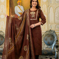 Brown Embroidered Kurta with Printed Dupatta & Pants – 3 Piece Ethnic Suit Set