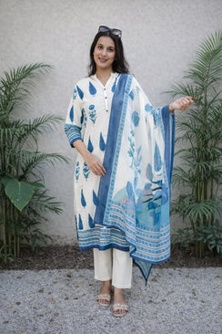 Ivory & Blue Handblock Printed Kurta Set with Dupatta